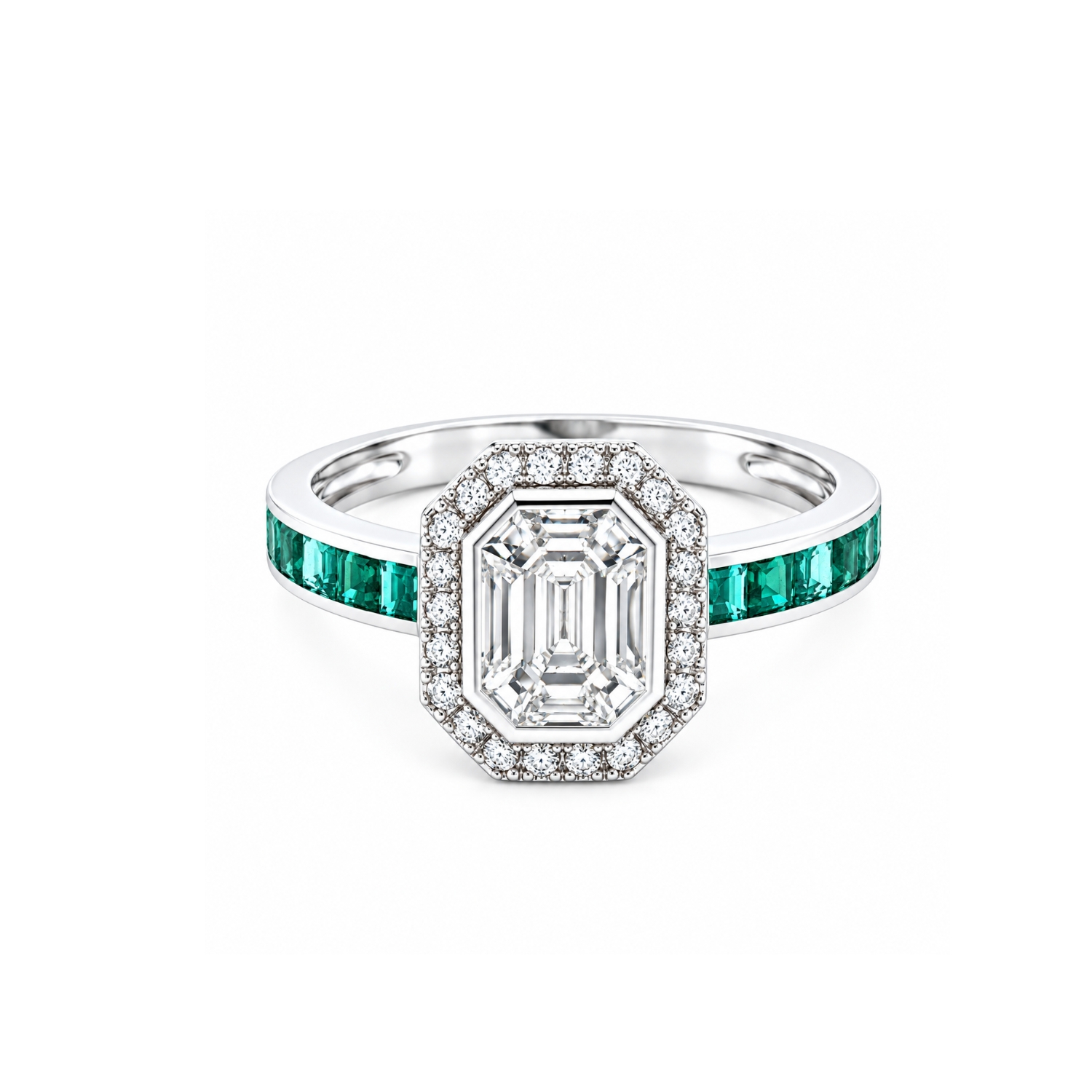 18K WHITE GOLD RING WITH BAGUETTE-CUT DIAMONDS AND EMERALDS