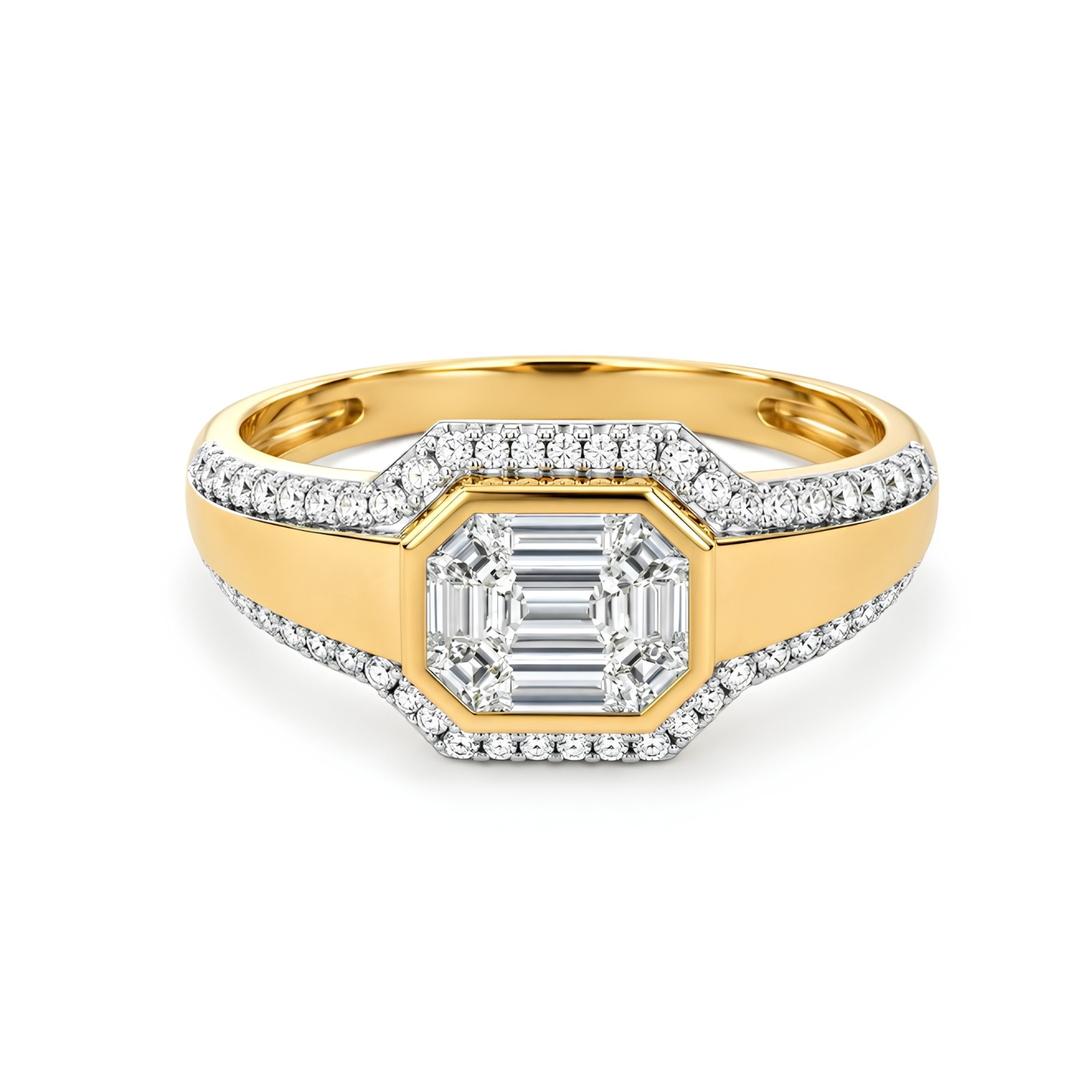 18K GOLD RING WITH BAGUETTE AND ROUND DIAMONDS