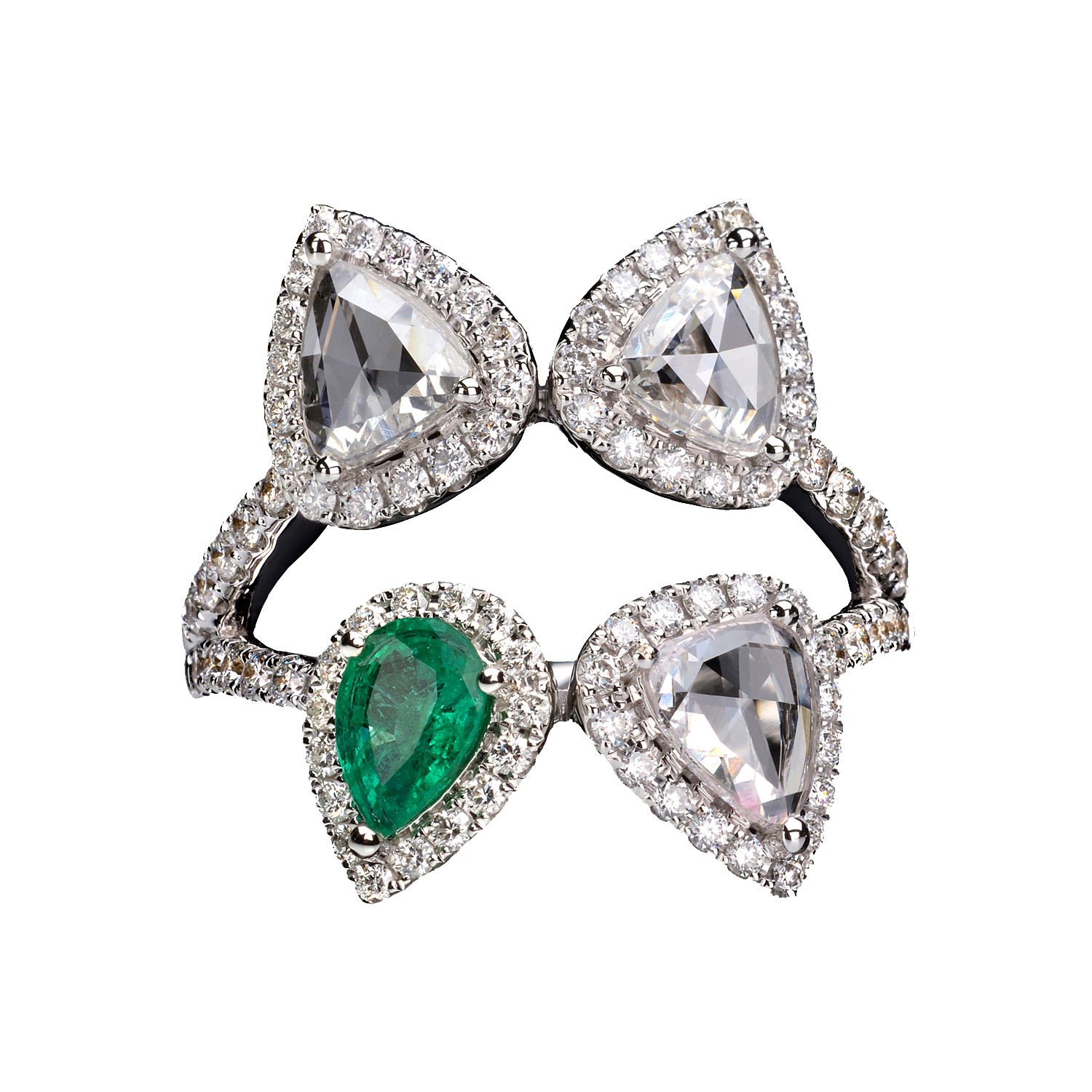 K18 WHITE GOLD HEART DIAMOND RING WITH EMERALD