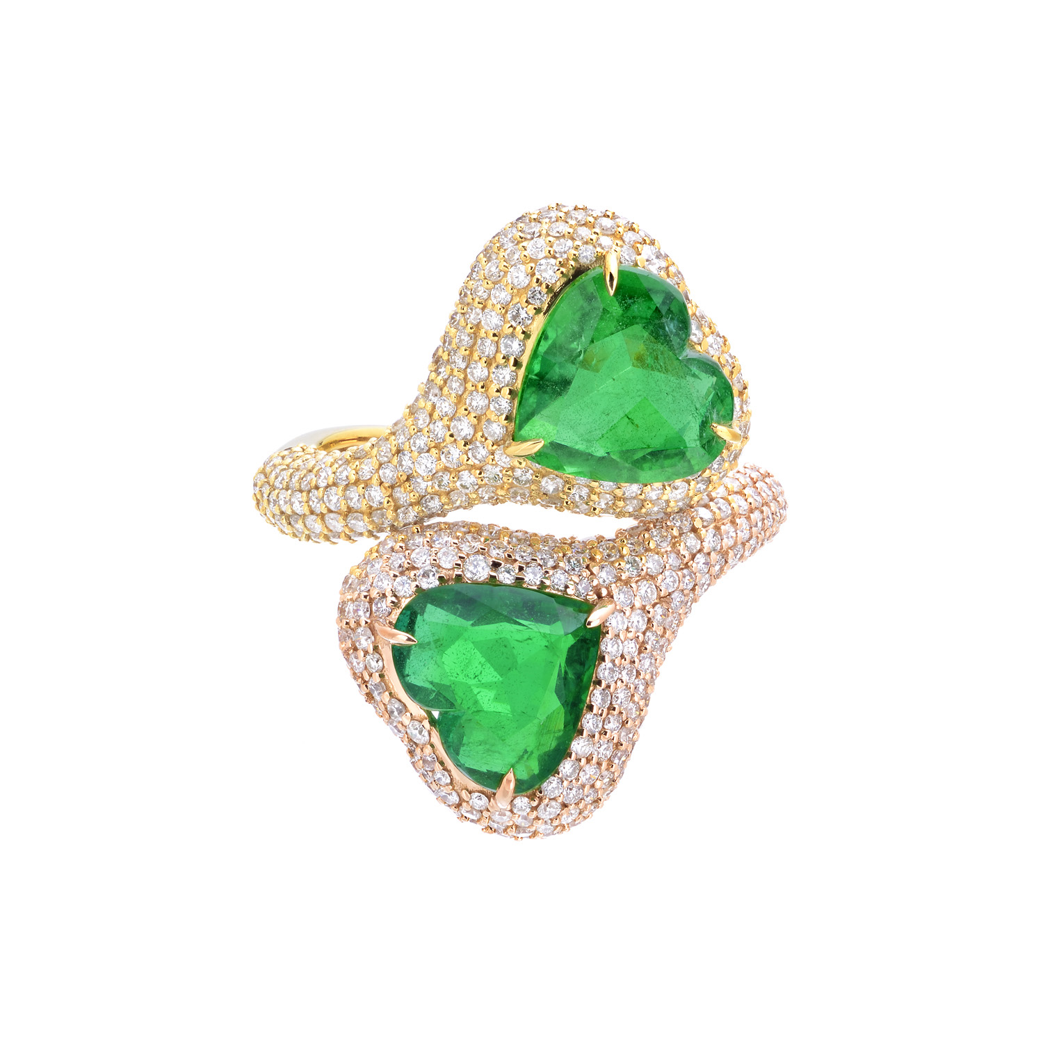 18K GOLD AND ROSE RING WITH DIAMONDS AND EMERALD HEARTS