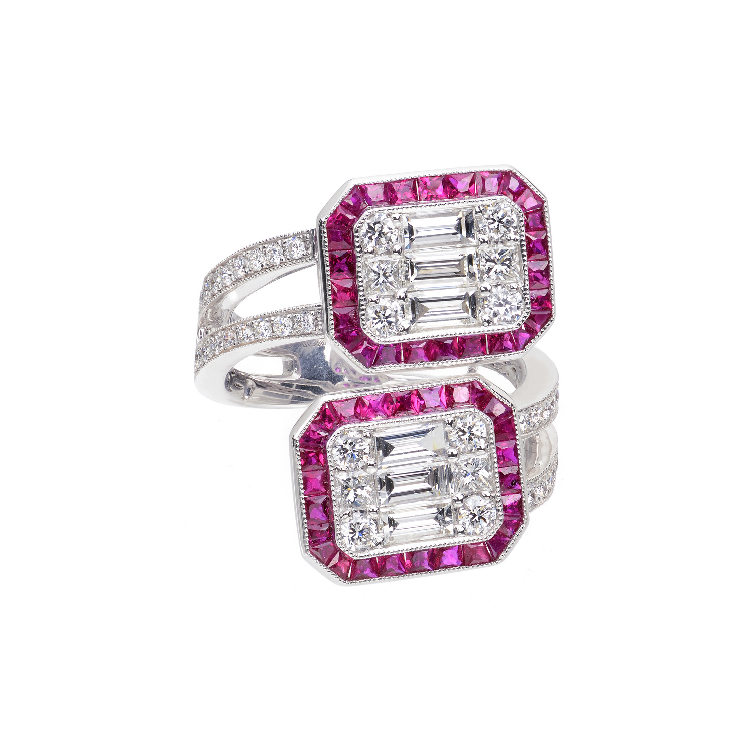 18K WHITE GOLD RING WITH RUBIES, MARQUISE DIAMONDS & ROUND DIAMONDS