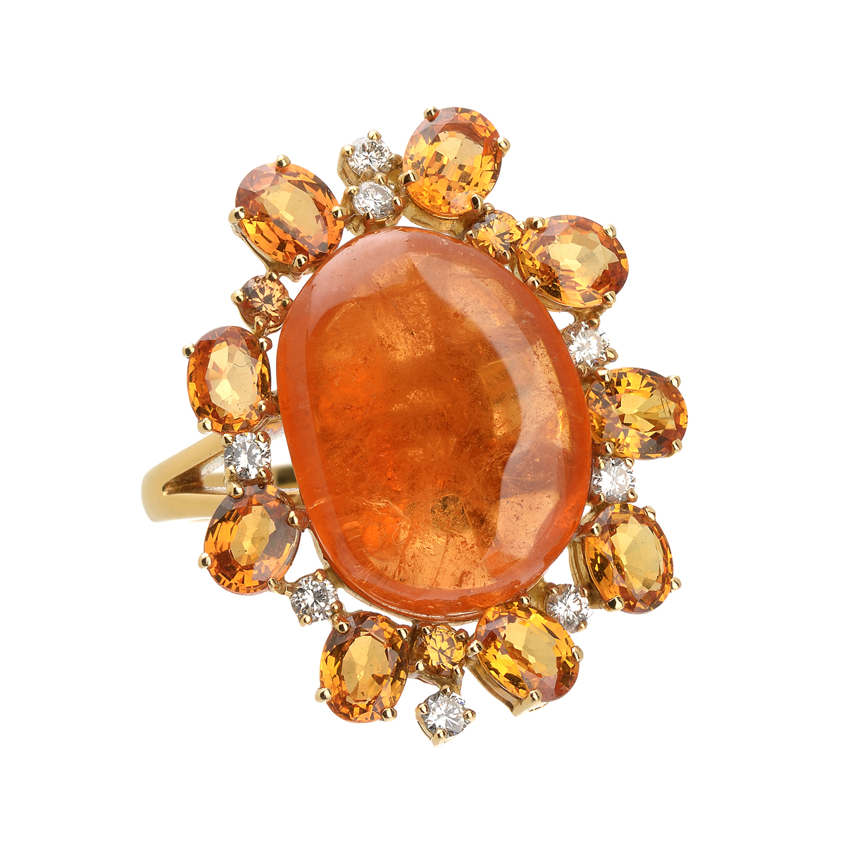 GOLD RING K18 WITH SAPPHIRES AND ORANGE GARNET