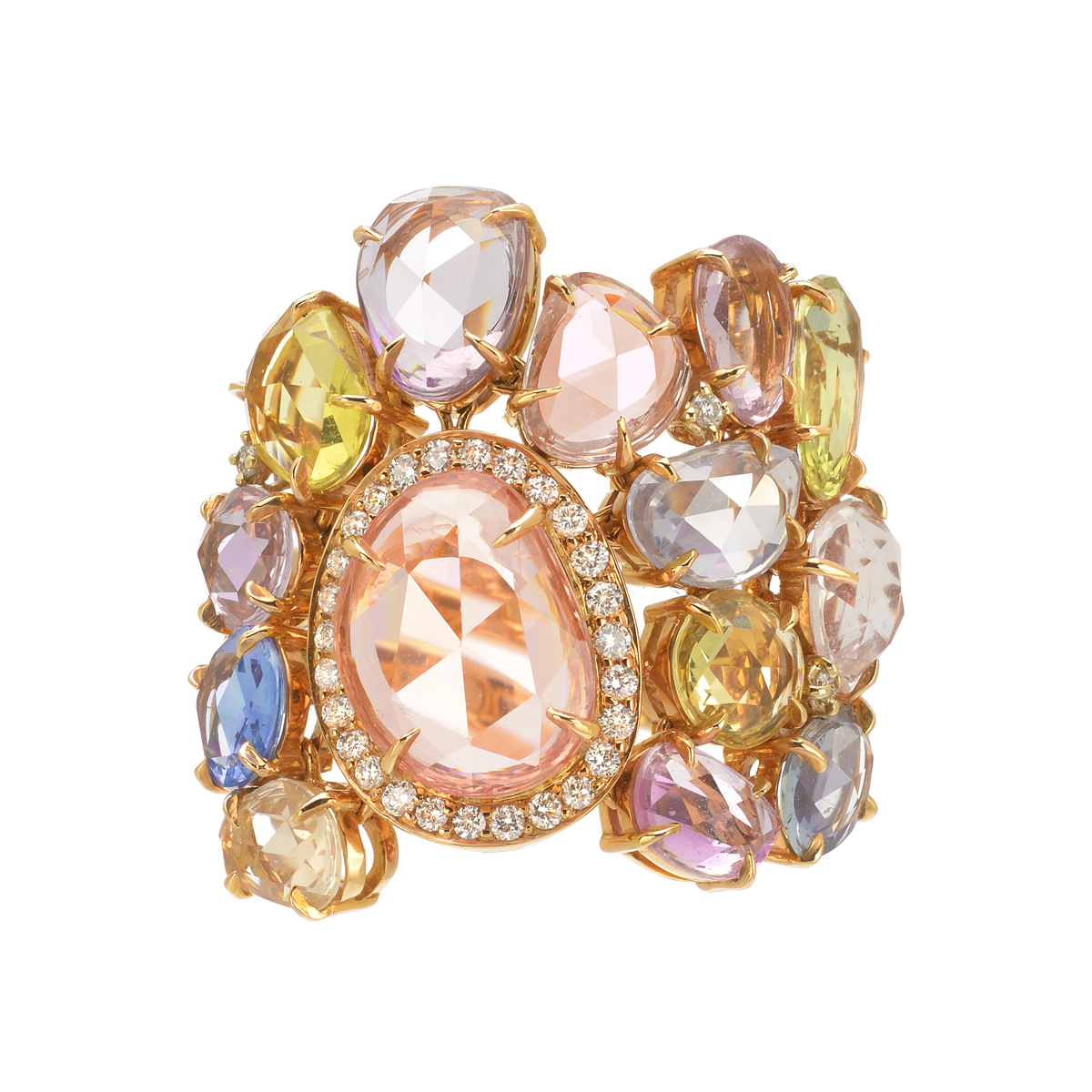 K18 ROSE GOLD DIAMOND RING WITH MULTI-COLOUR SAPPHIRES