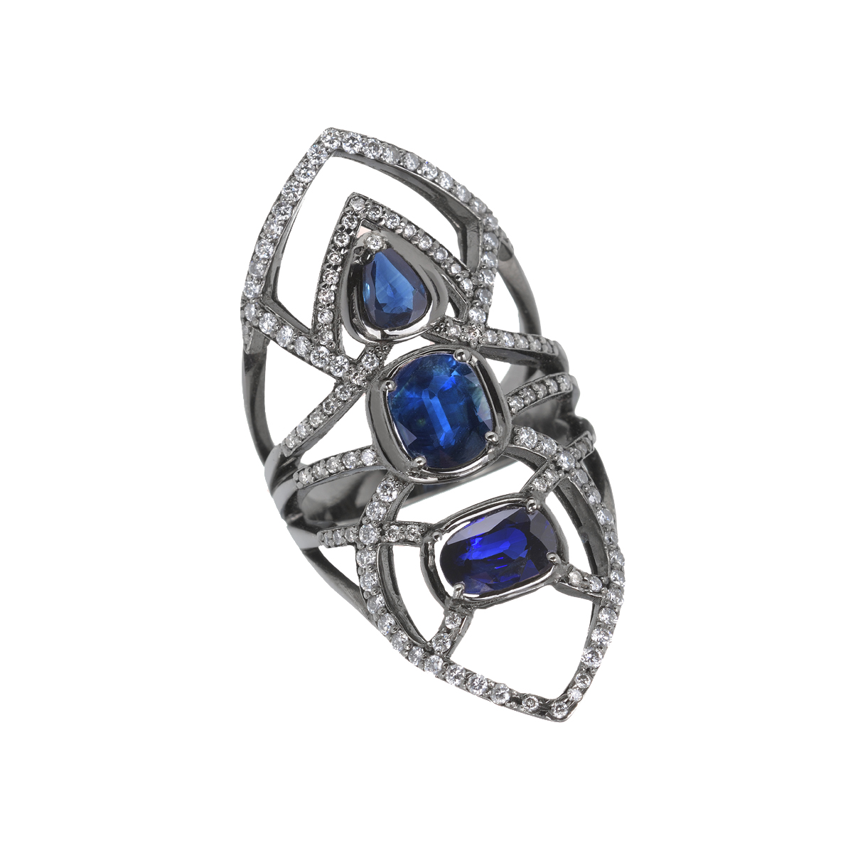 White gold ring with sapphires and diamonds