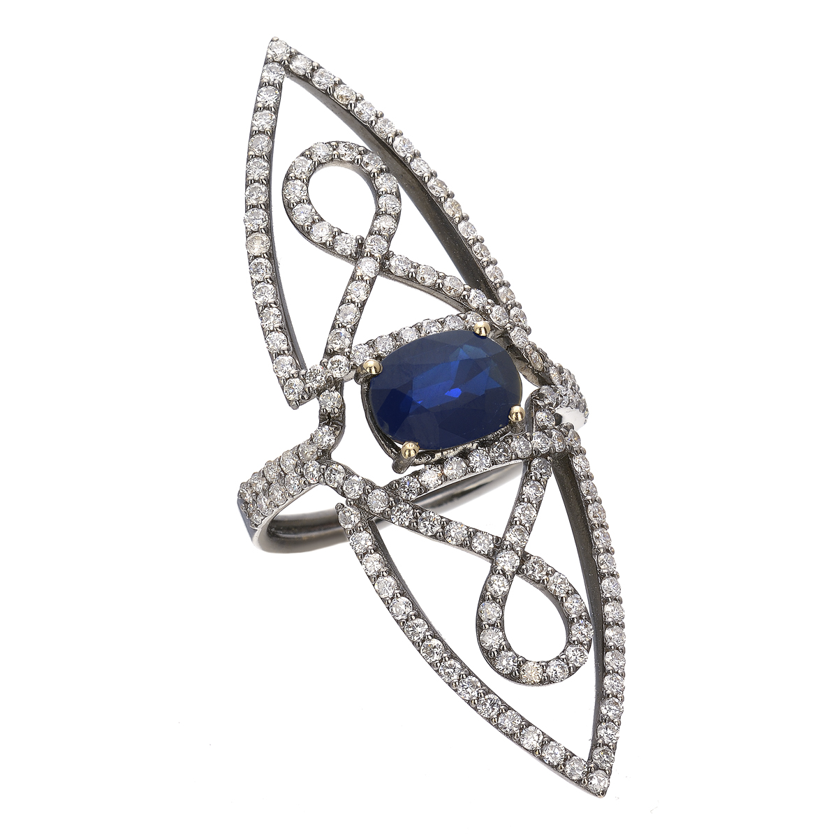 GOLD BLACKENED RING WITH DIAMONDS AND SAPPHIRE