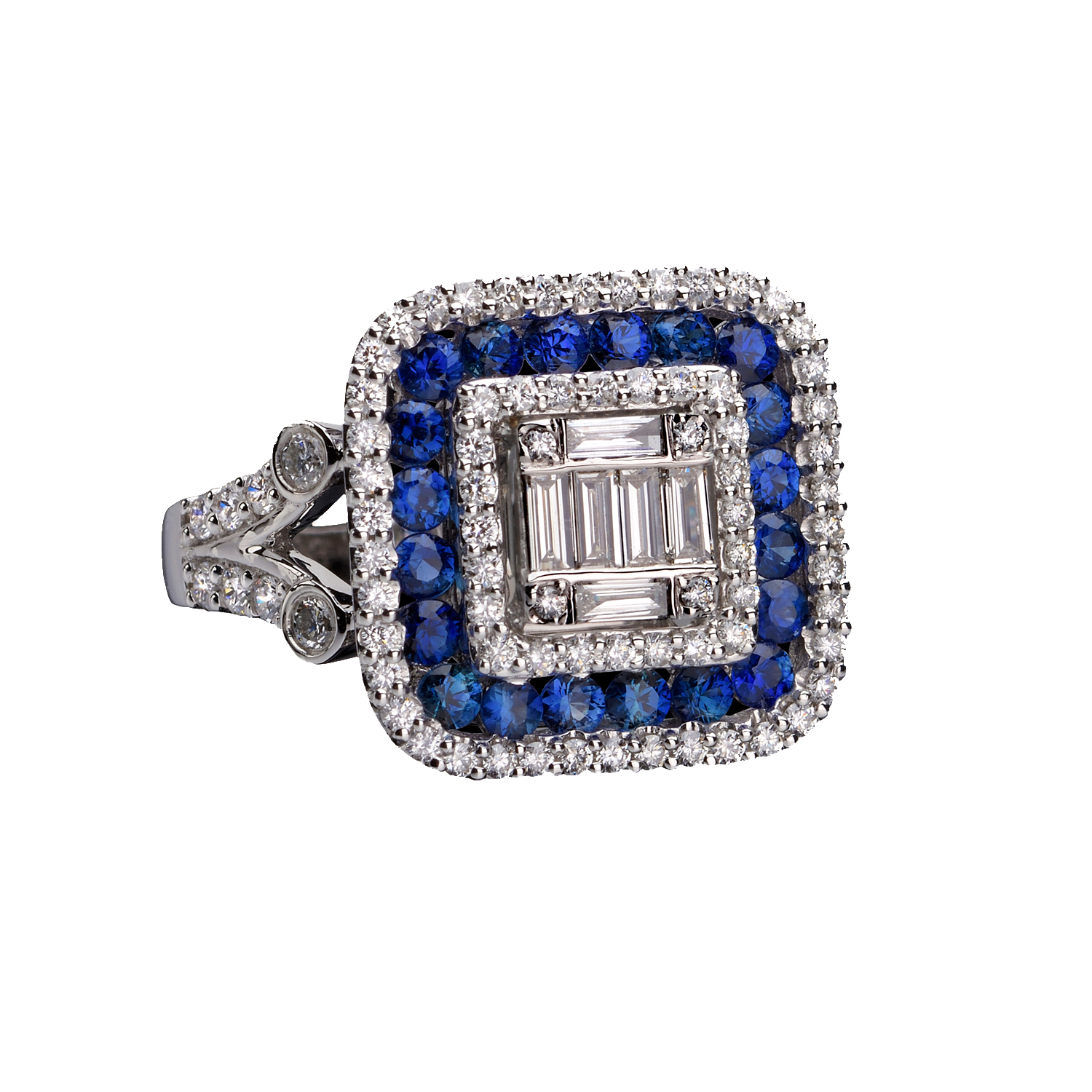 White gold ring with sapphires and diamonds