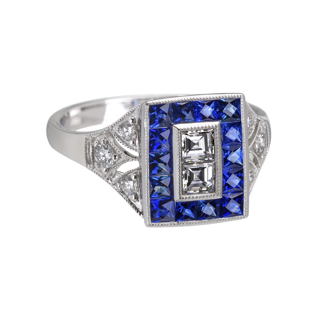 White gold ring with diamonds and sapphires
