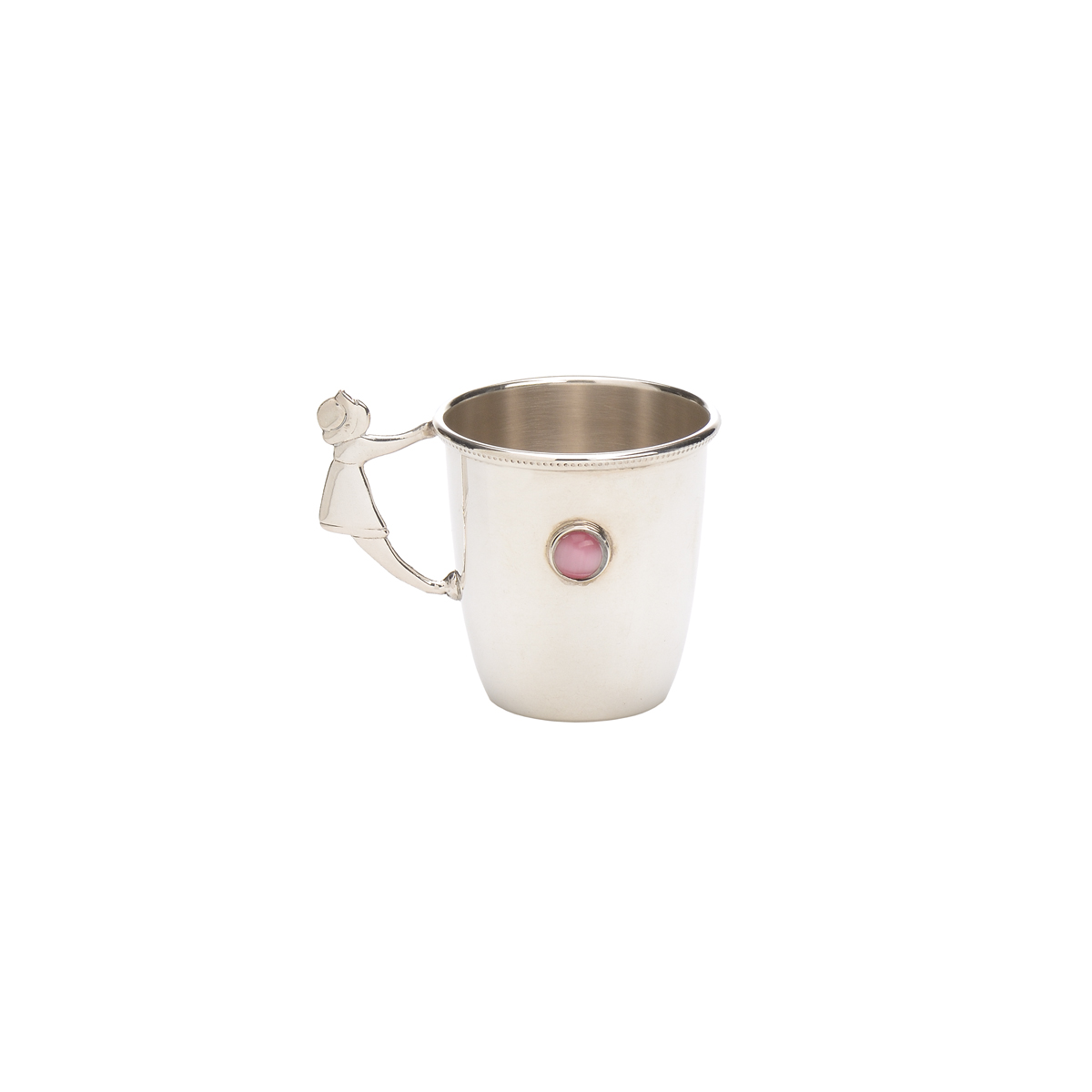 SILVER CHILDREN CAP WITH PINK STONES AND GIRL HANDLE
