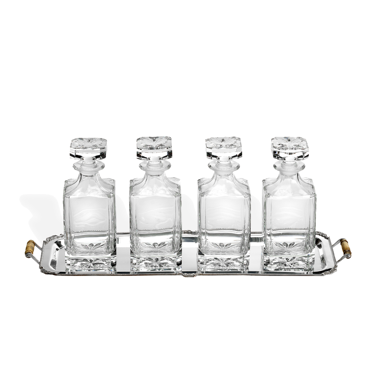 Silver plated Sheffield tray with crystal bottles