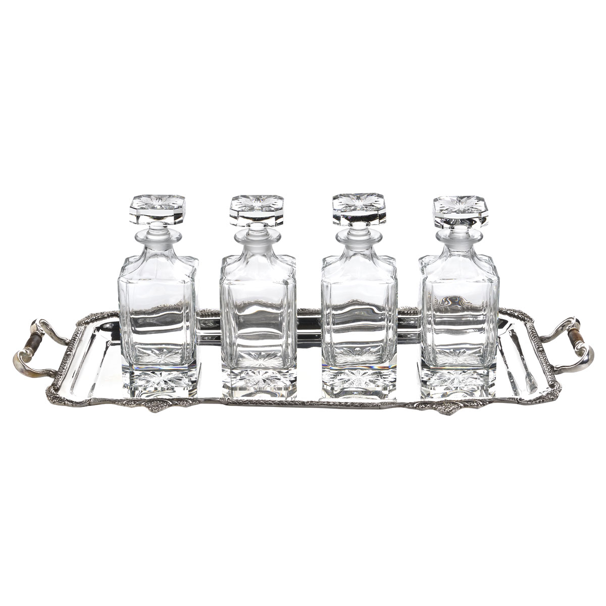 SILVER PLATED TRAY SHEFFIELD WITH 4 BOTTLES