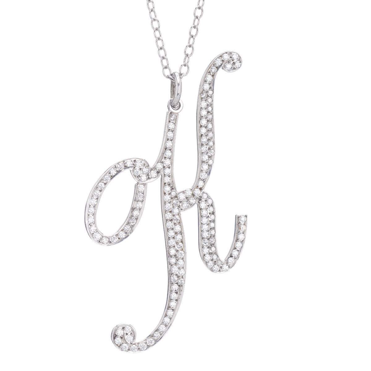 SILVER INITIAL -K- NECKLACE WITH WHITE STONES