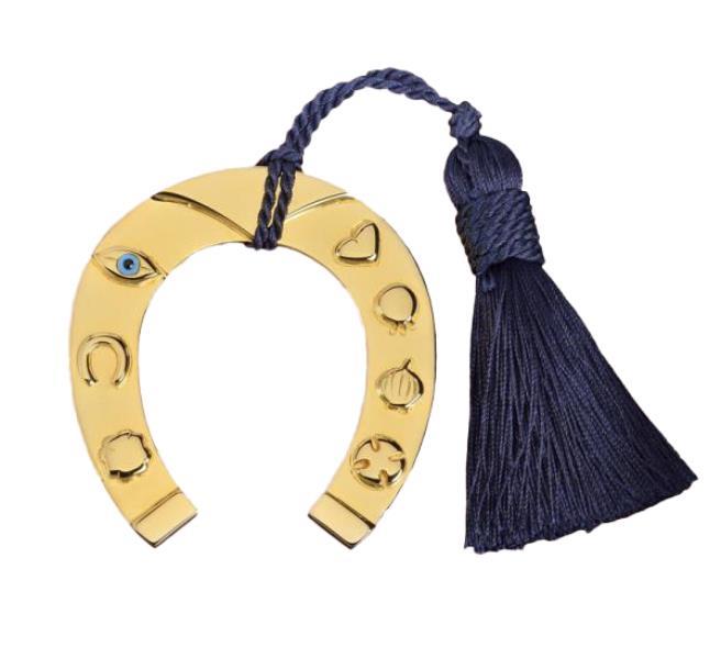 GOLD PLATED HORSESHOE CHARM WITH SYMBOLS AND TASSEL