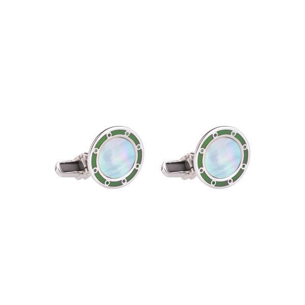 SILVER CUFFLINKS WITH MOTHER OF PEARL AND GREEN ENAMEL