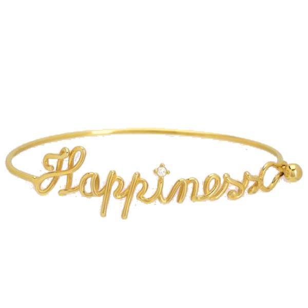 SILVER GOLD PLATED CUFF BRACELET WITH WORD HAPPINESS WITH WHITE STONE