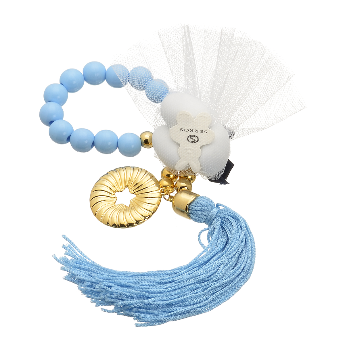 GOLD PLATED BONBONNIERE WITH TASSEL AND BABY BLUE MARBLES