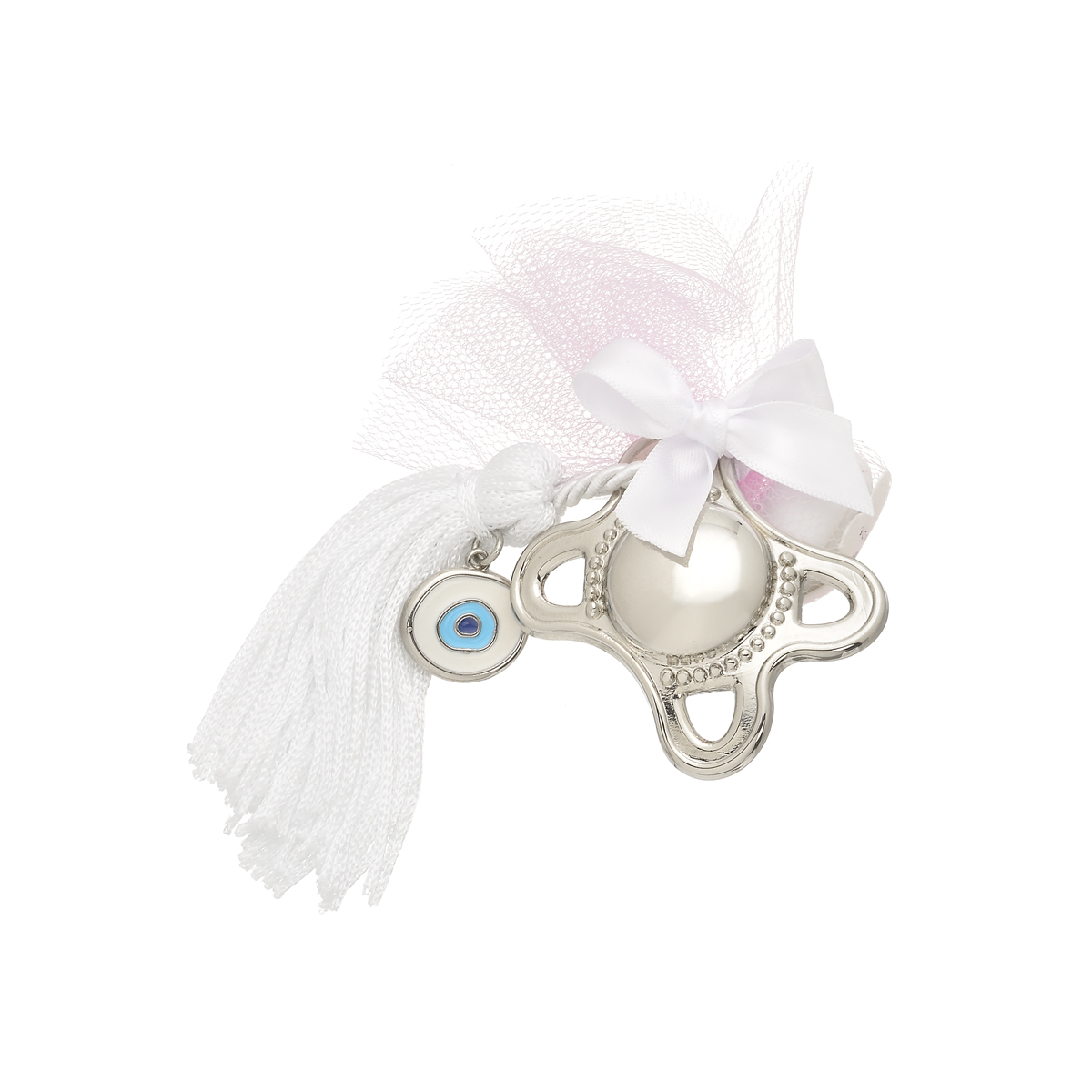 BONBONNIERE SILVER PLATED SOOTHER WITH TASSEL AND EVIL EYE