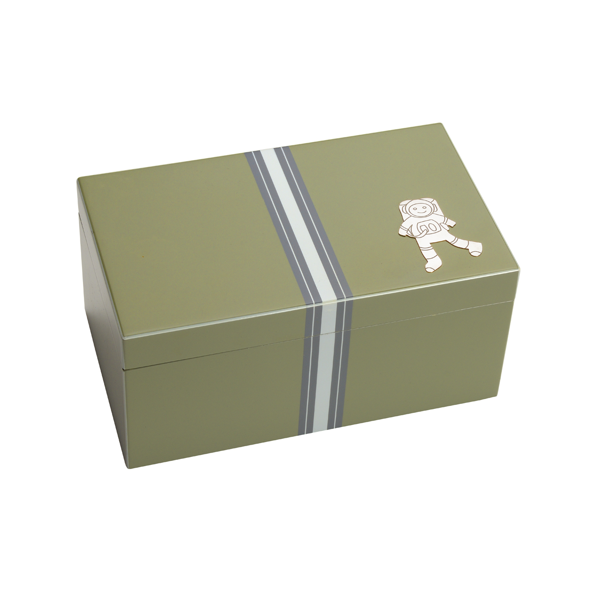 WOODEN JEWELLERY BOX GREY WITH SILVER ASTRONAUT
