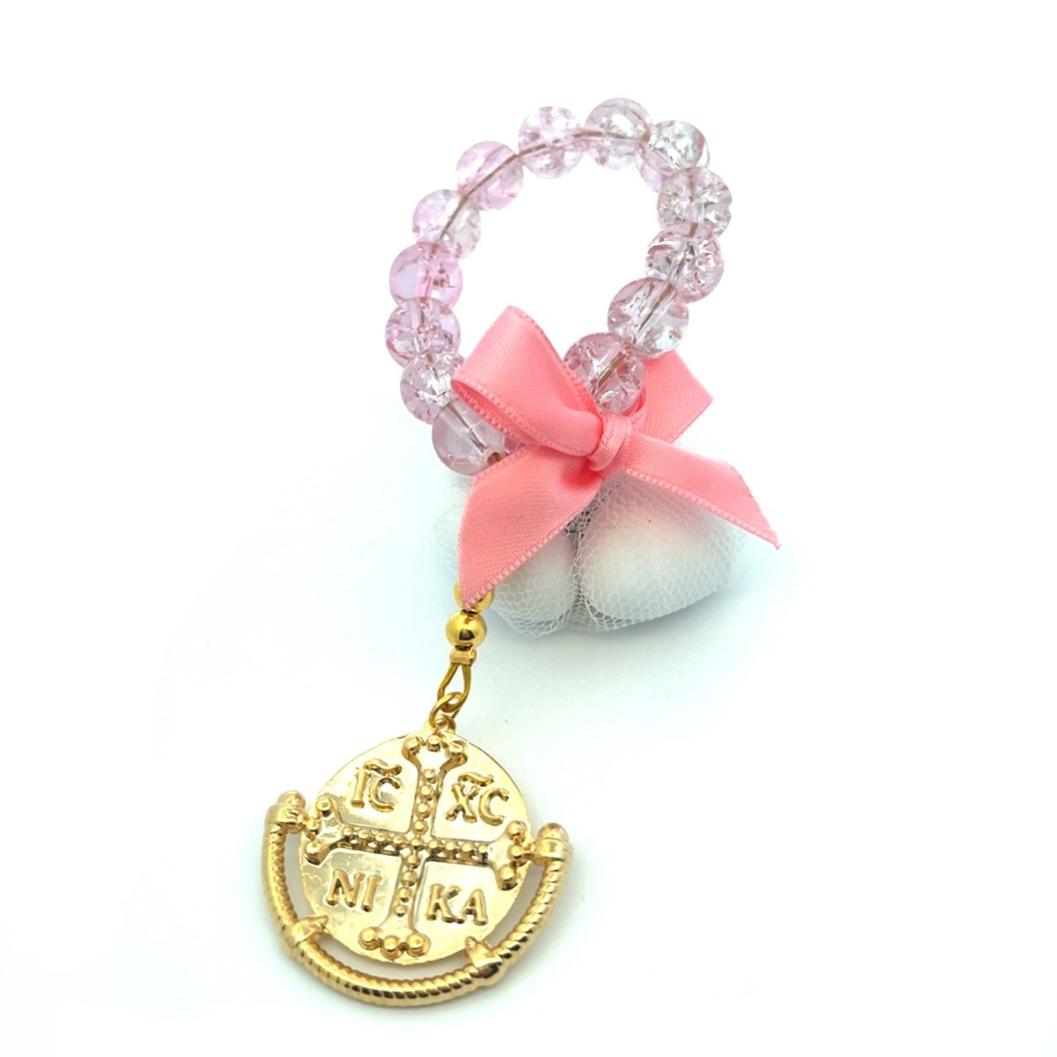 BONBONIERRE WITH GOLD PLATED CHRISTIAN CHARM WITH PINK STONES
