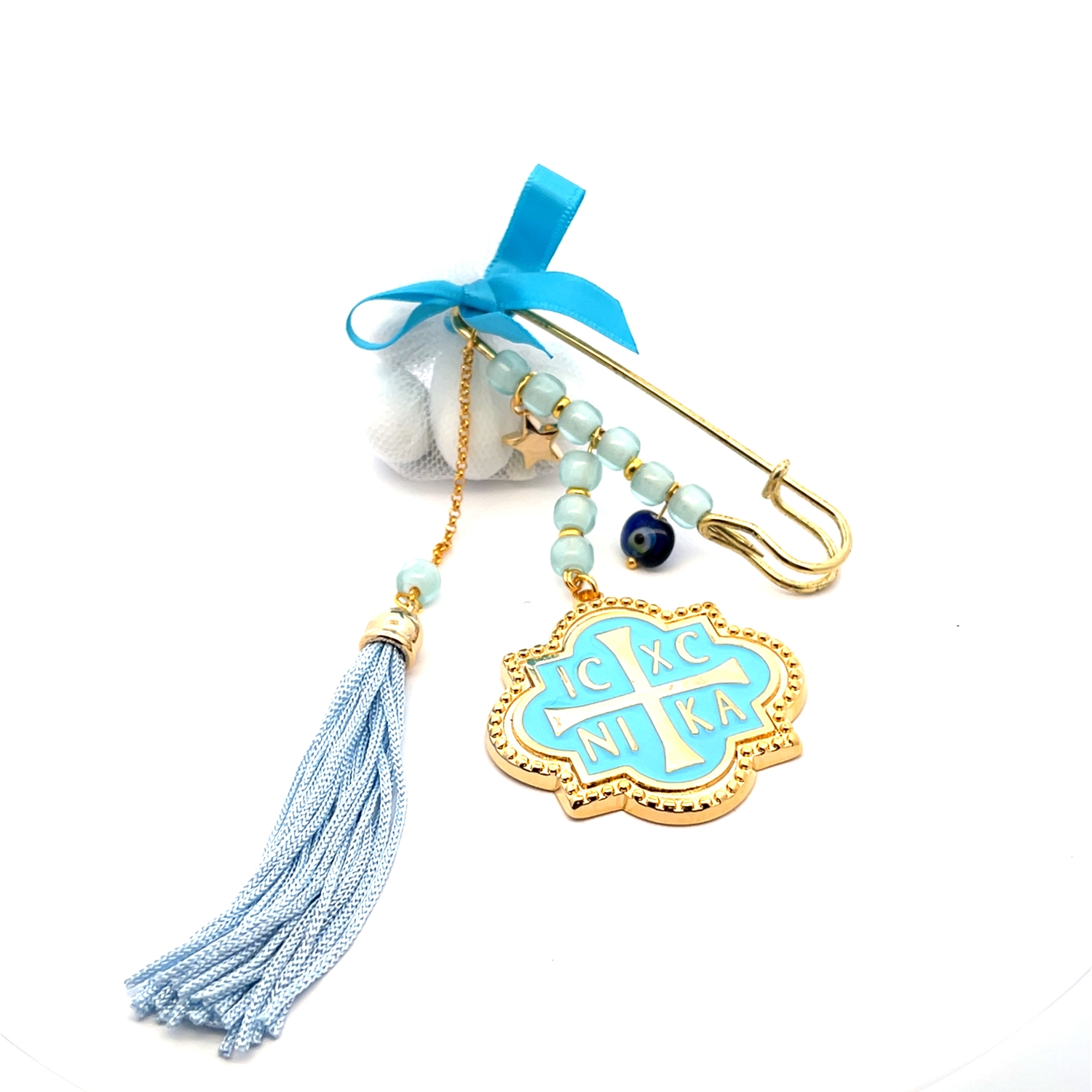 ΒΟΝΒΟΝΙERRE WITH GOLD PLATED PIN WITH BLUE ENAMEL PENDANT & CHRISTIAN CHARM