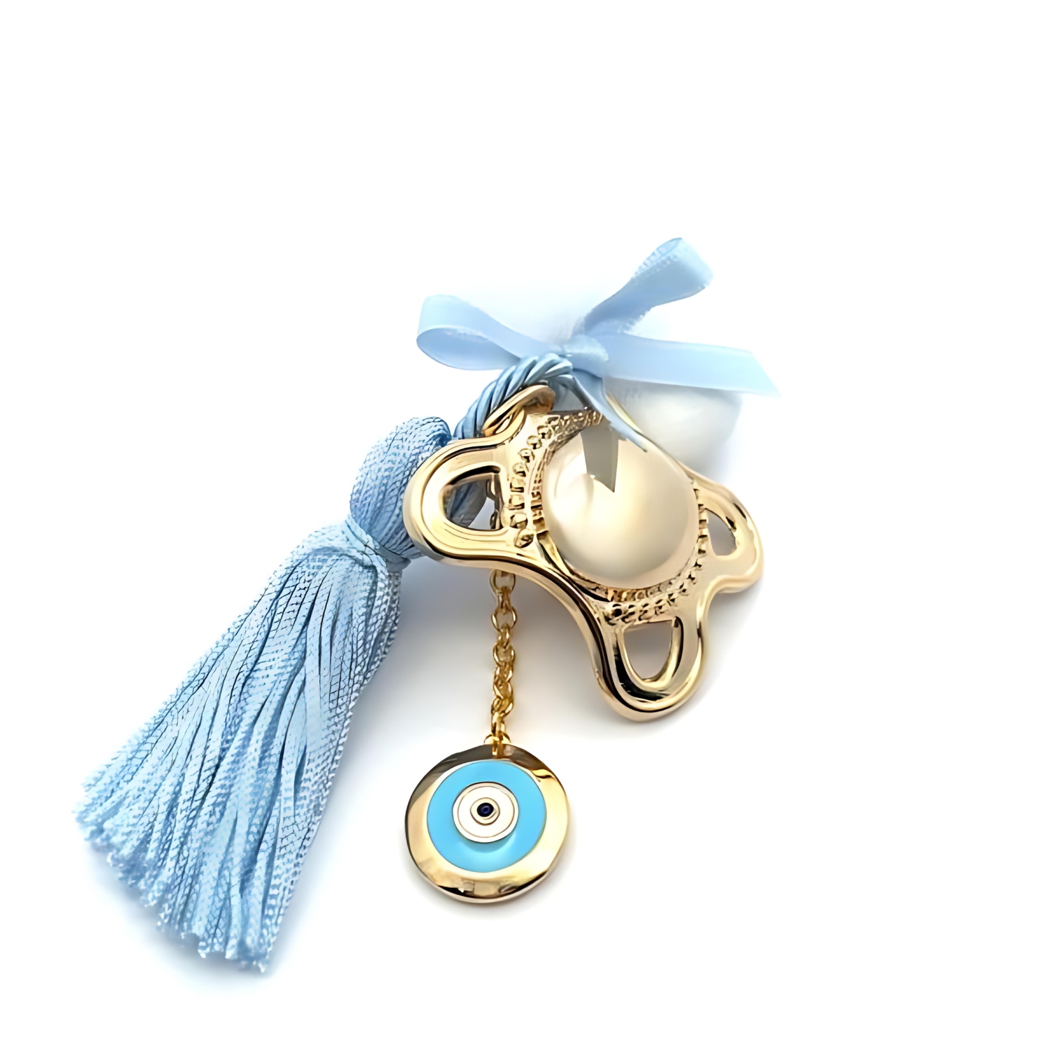BONBONNIERE GOLD PLATED PACIFIER WITH PINK TASSEL AND EVIL EYE