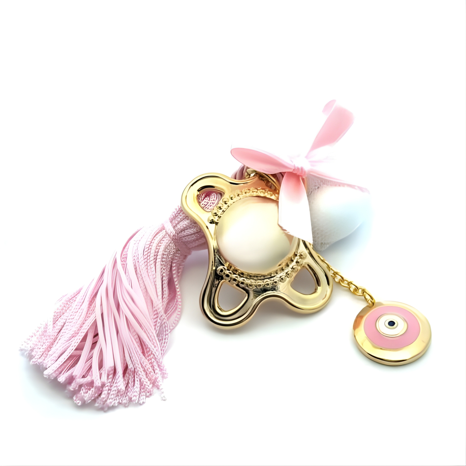 BONBONNIERE GOLD PLATED PACIFIER WITH PINK TASSEL AND EVIL EYE
