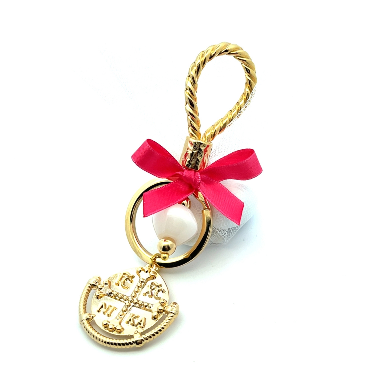 BONBONNIERE GOLD PLATED WITH CHRISTIAN CHARM & WHITE STONE