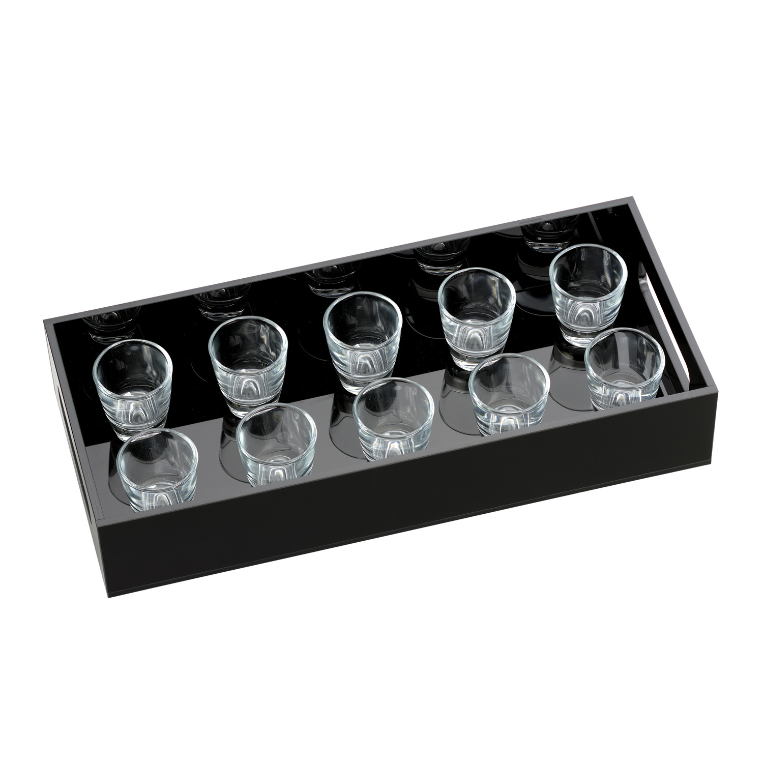 PLEXIGLASS BLACK TRAY WITH 10 SHOT GLASSES