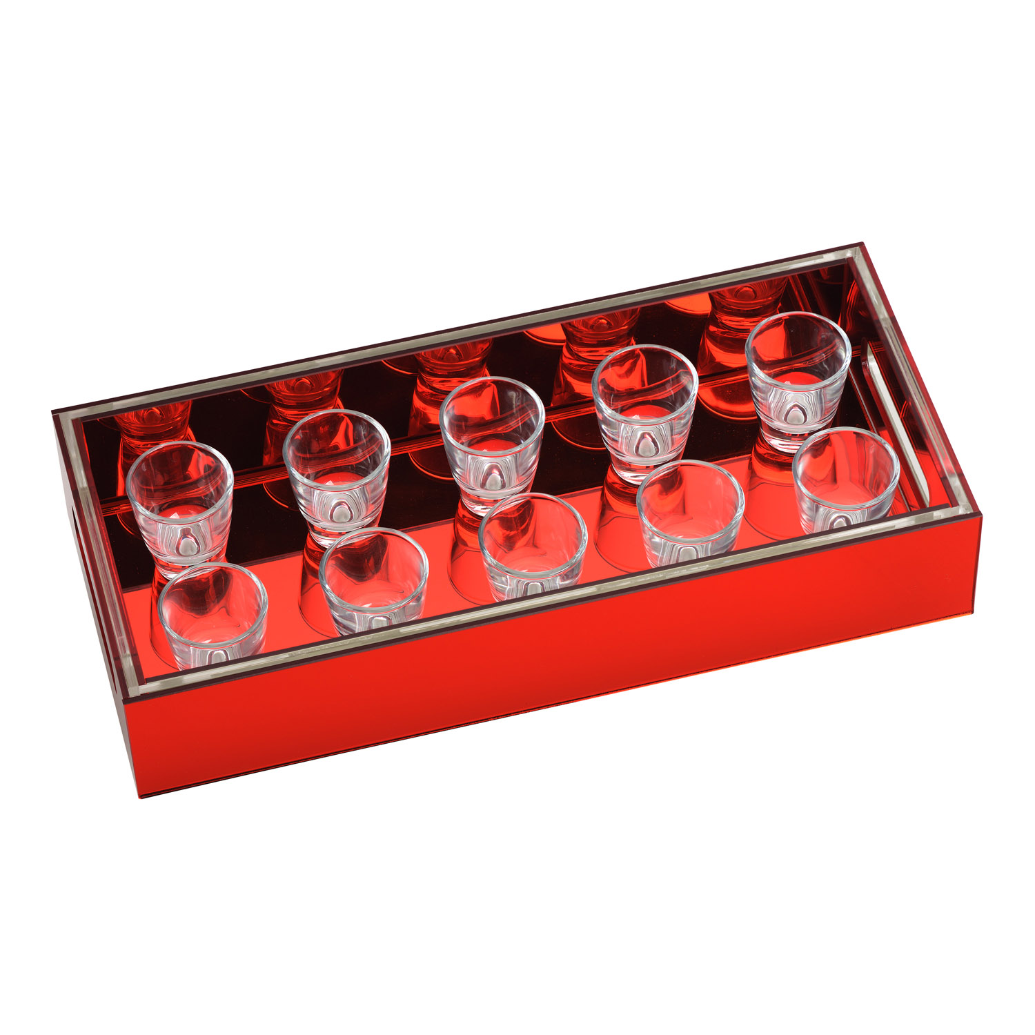 PLEXIGLASS RED MIRROR TRAY WITH 10 SHOT GLASSES