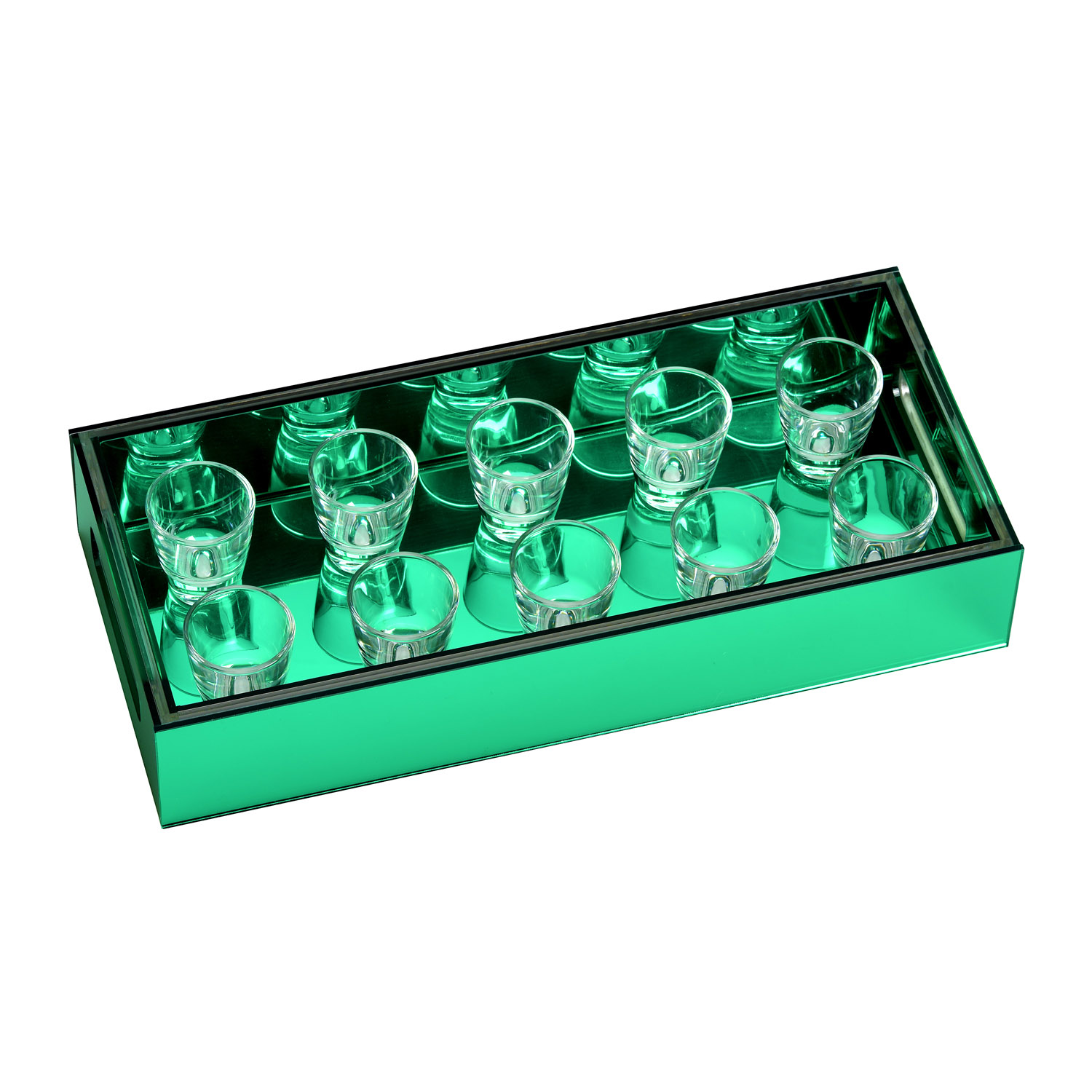 PLEXIGLASS GREEN MIRROR TRAY WITH 10 SHOT GLASSES