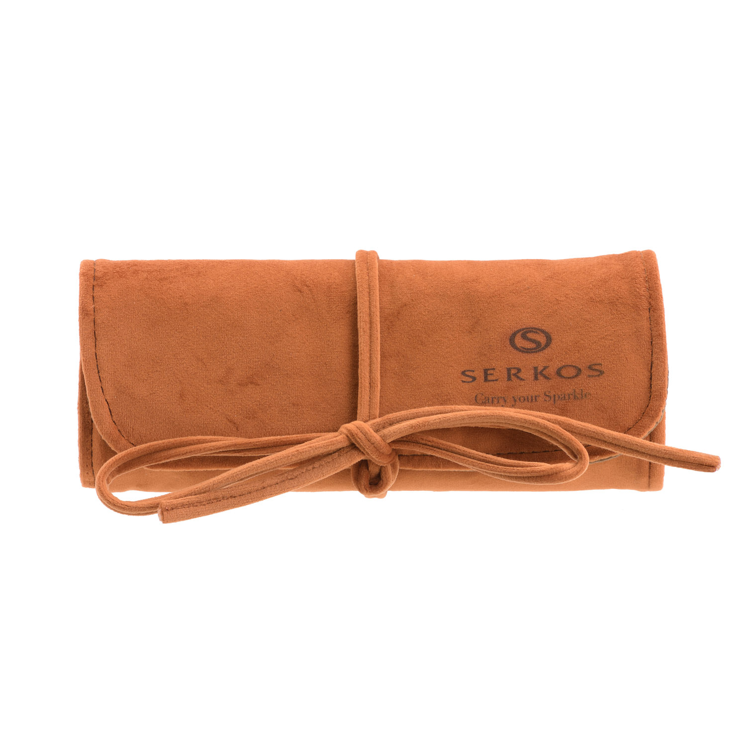 VELVET JEWELRY CASE TAN-COLORED WITH ELEGANT SERKOS - CARRY YOUR SPARKLE LOGO.