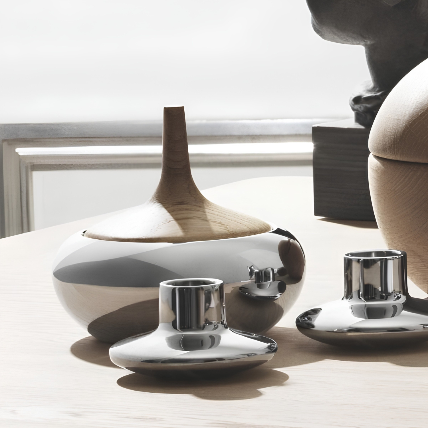 GEORG JENSEN HENNING KOPPEL BOWL ONION MIRROR STAINLESS STEEL AND OAK WOOD