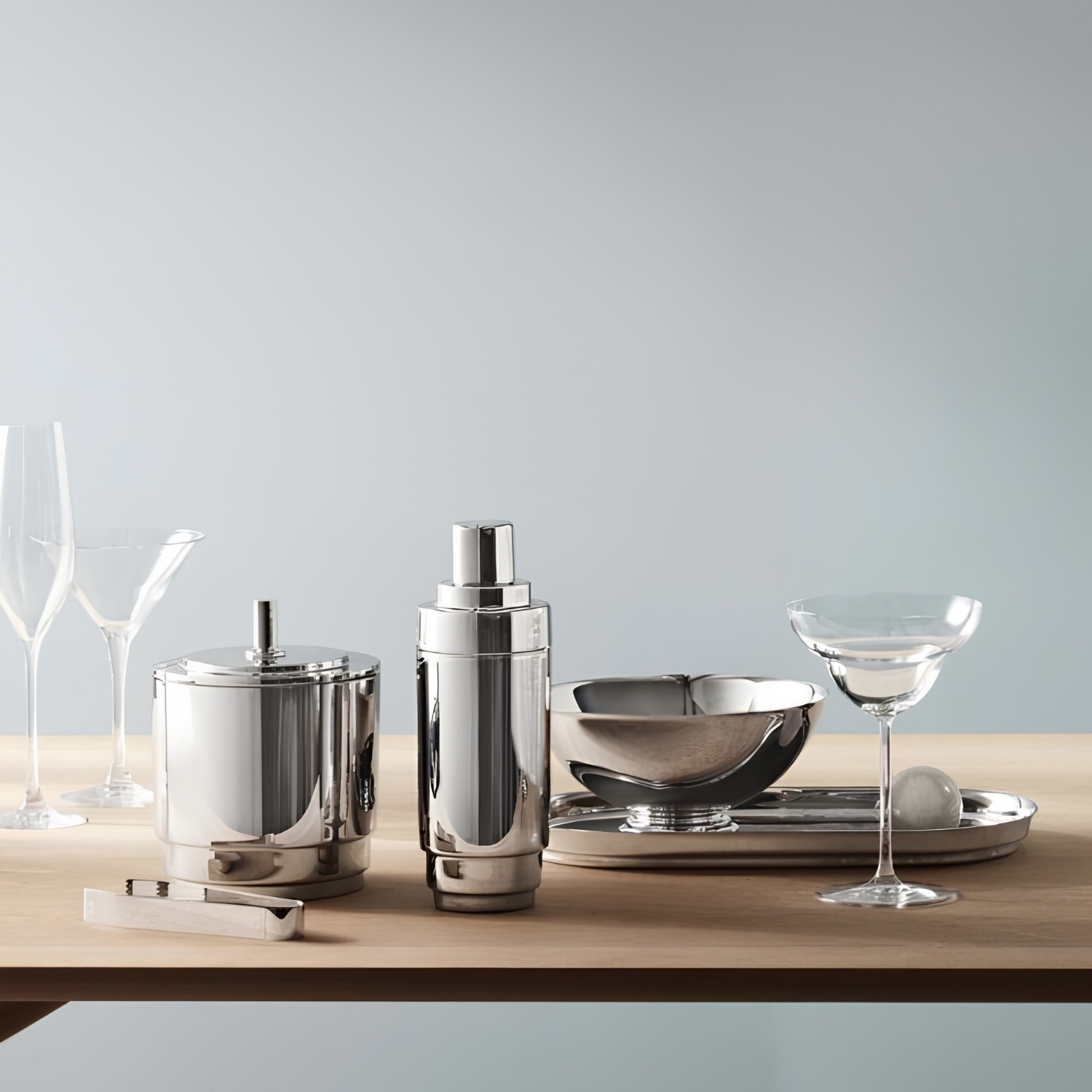 GEORG JENSEN MANHATTAN STAINLESS STEEL ICE CONTAINER AND ICE TONGS