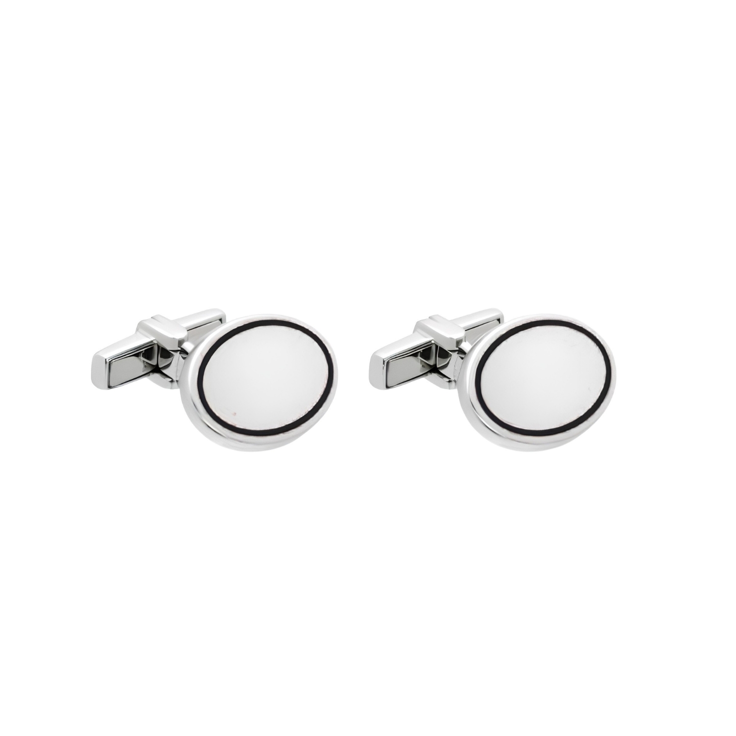 SILVER OVAL CUFFLINKS WITH BLACK ENAMEL