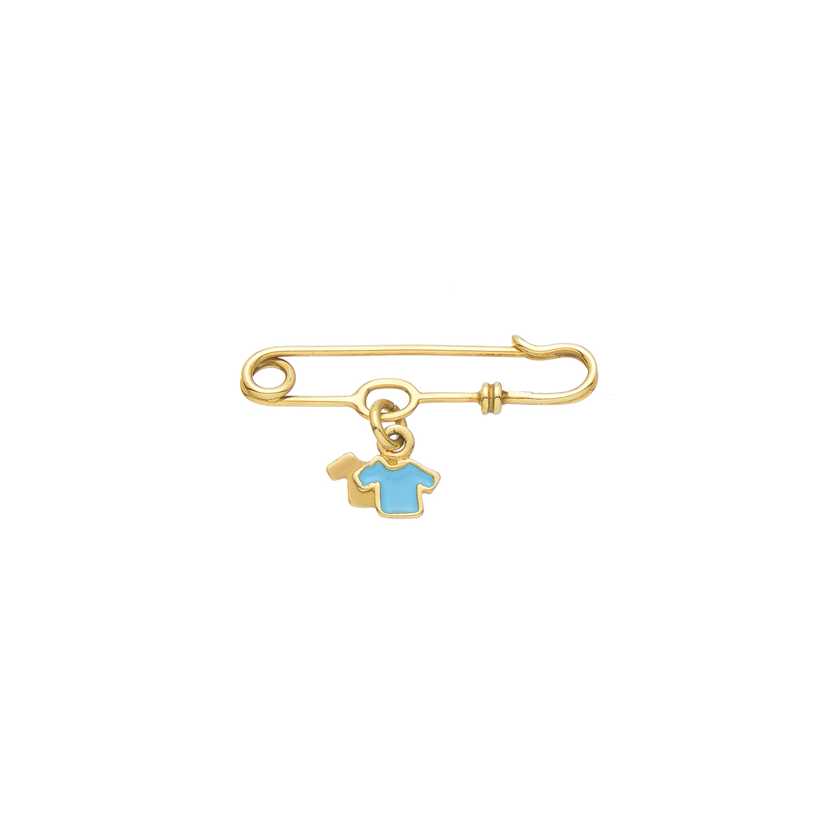 K18 YELLOW GOLD SAFETY PIN WITH T-SHIRT PENDANT WITH BLUE ENAMEL