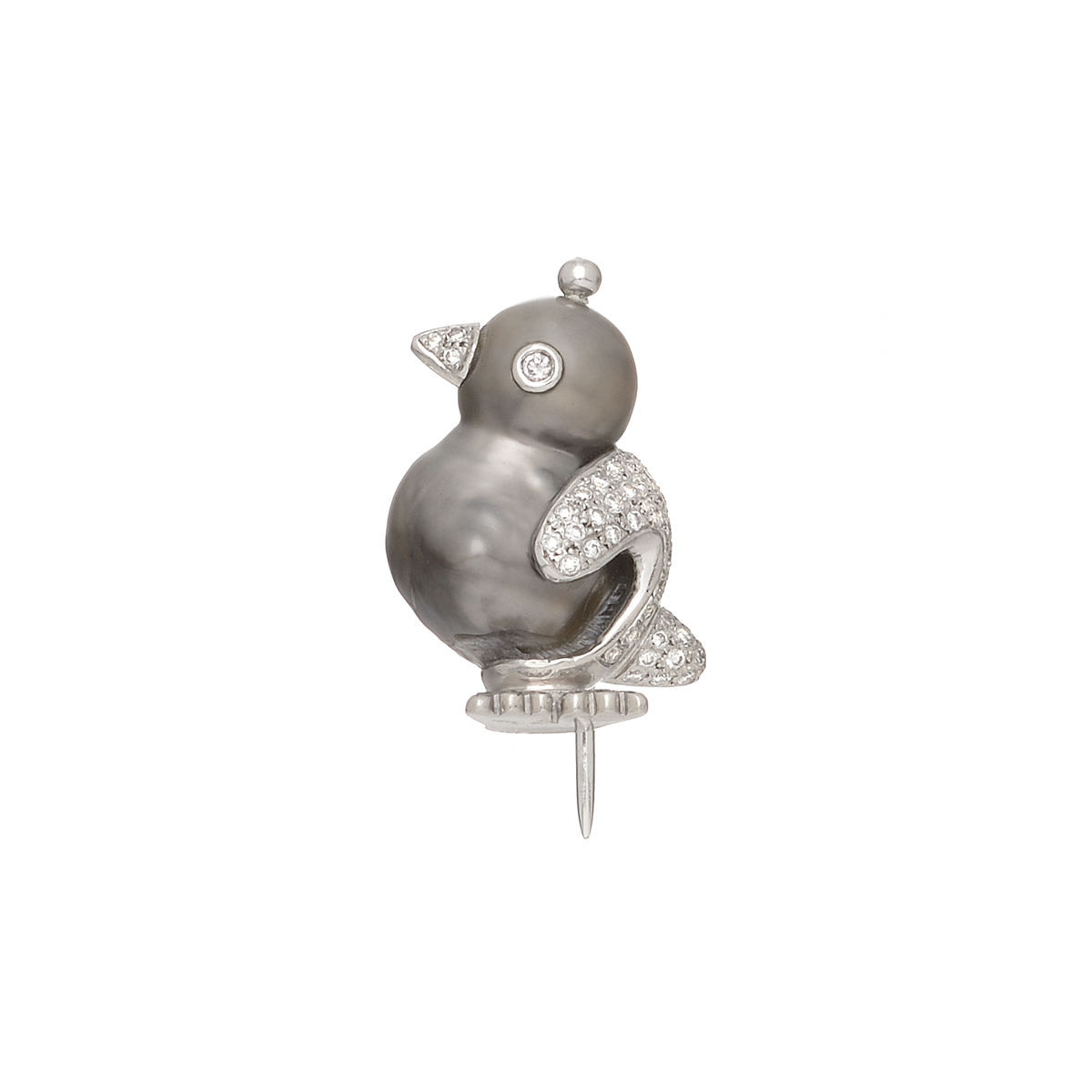 K18 WHITE GOLD BIRD DIAMOND BROOCH WITH GRAY PEARL