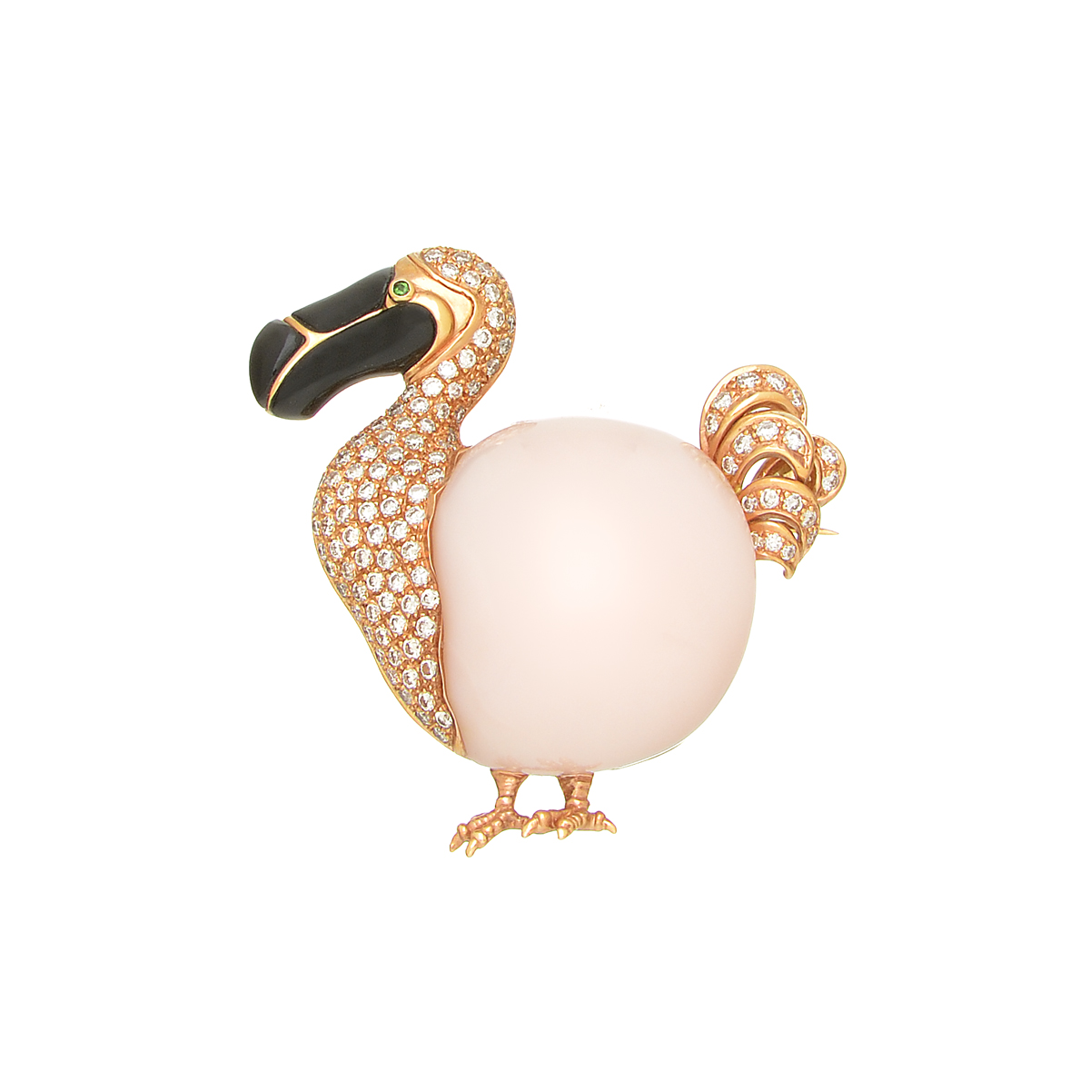 K18 ROSE GOLD DODO BIRD DIAMOND BROOCH WITH ONYX AND OPAL