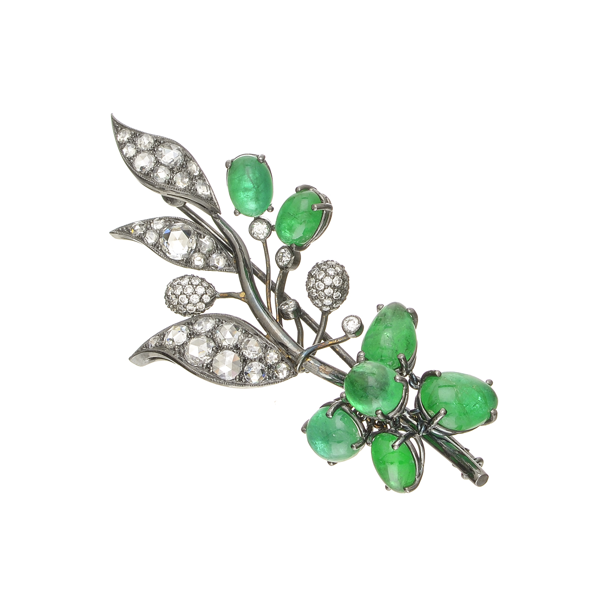 K18 BLACK GOLD DIAMOND FLOWER BROOCH WITH EMERALDS