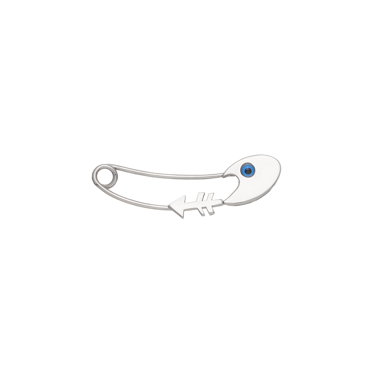 K18 WHITE GOLD SAFETY PIN WITH EVIL EYE