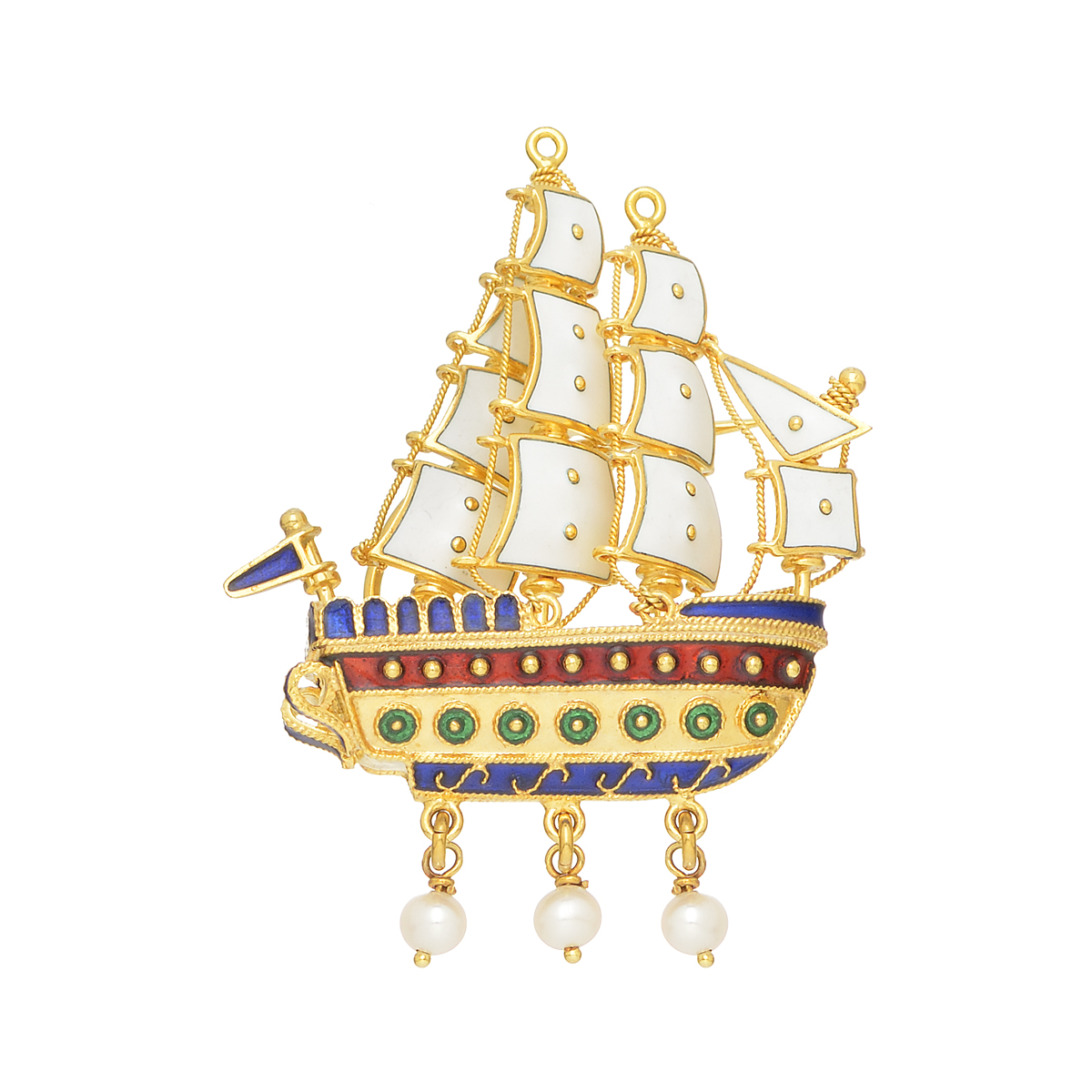 K18 YELLOW GOLD SAILER BROOCH WITH ENAMEL