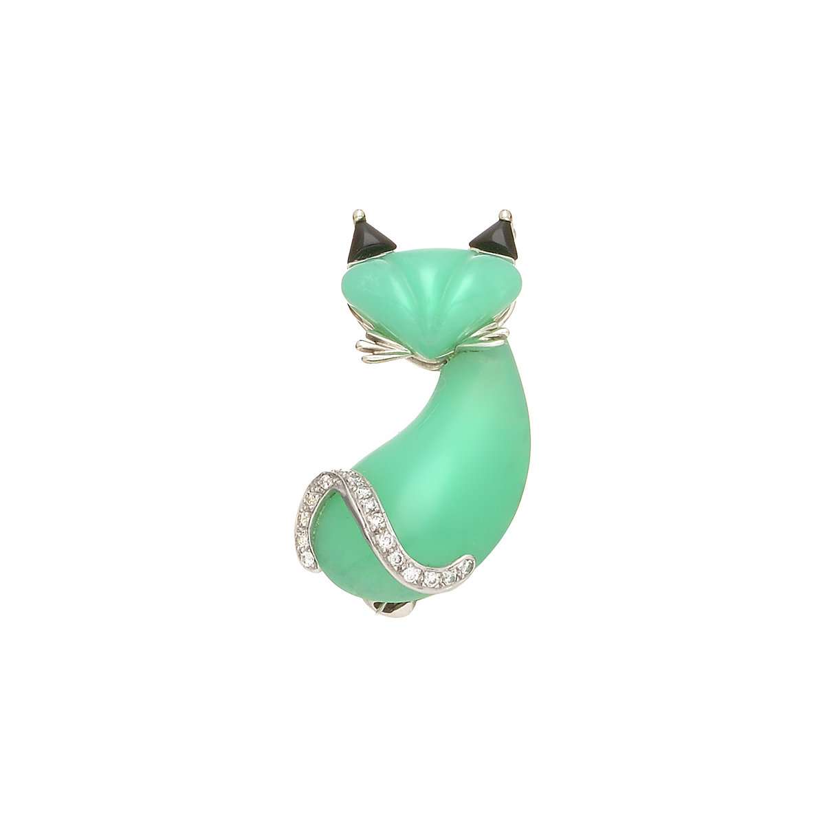 K18 WHITE GOLD CAT DIAMOND BROOCH WITH JADE