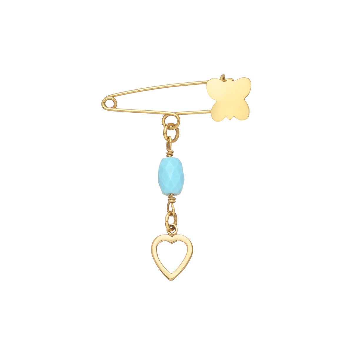 K18 YELLOW GOLD BUTTERFLY SAFETY PIN WITH TURQUOISE AND HEART