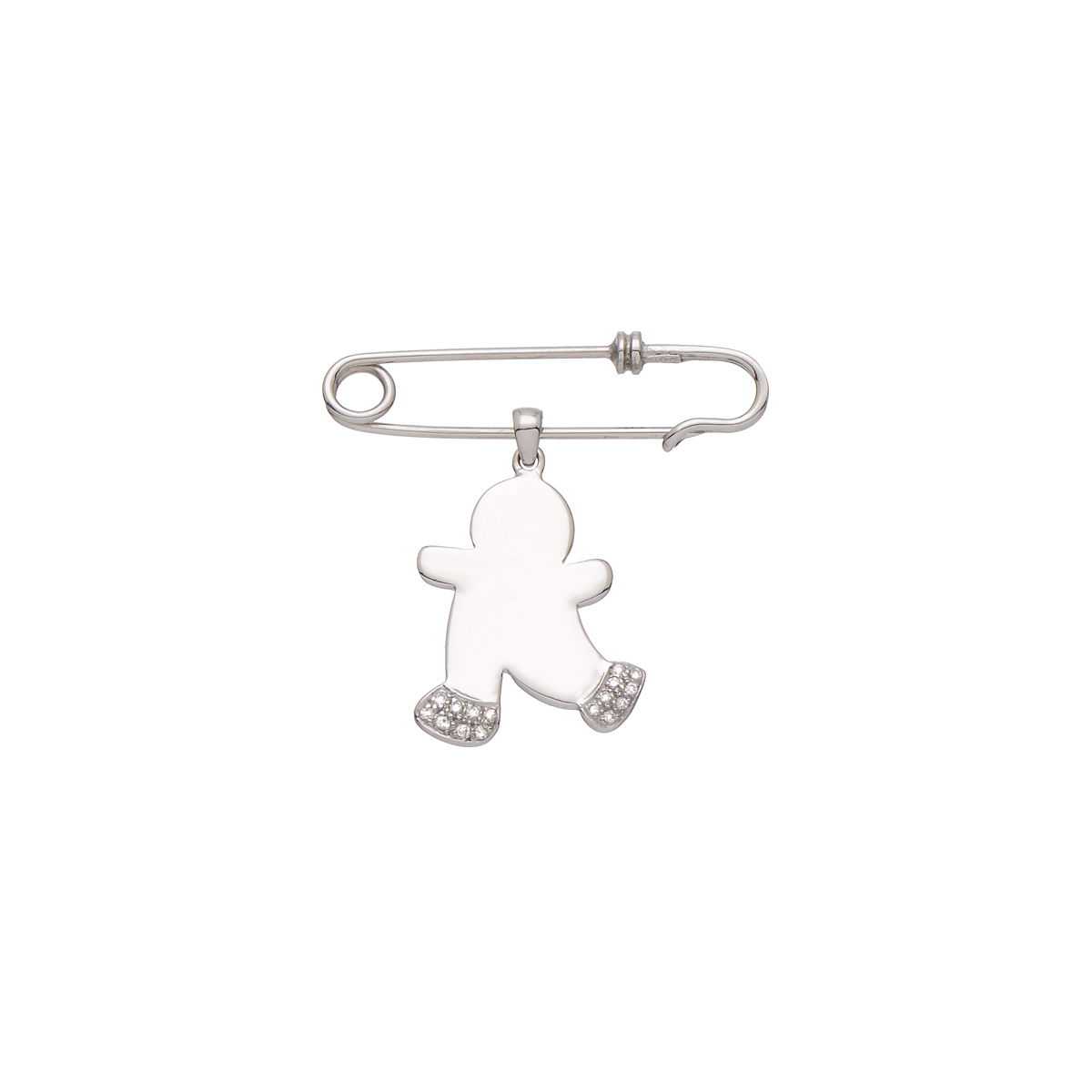 WHITE GOLD SAFETY PIN WITH DIAMOND BOY FIGURE