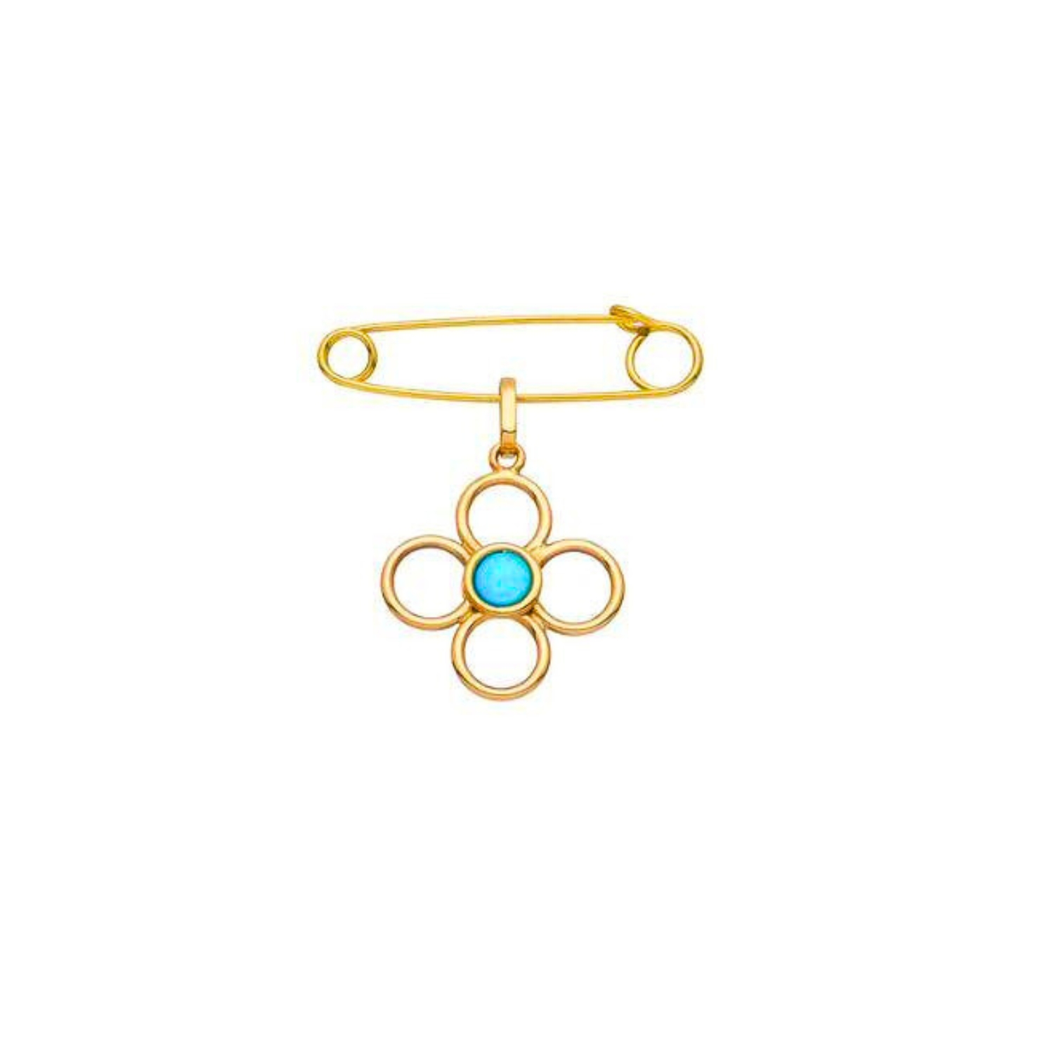 K14 YELLOW GOLD TWO-SIDED SAFETY PIN WITH TURQUOISE AND EVIL EYE