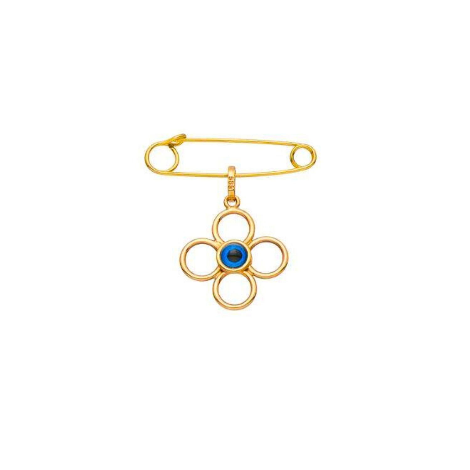 K14 YELLOW GOLD TWO-SIDED SAFETY PIN WITH TURQUOISE AND EVIL EYE
