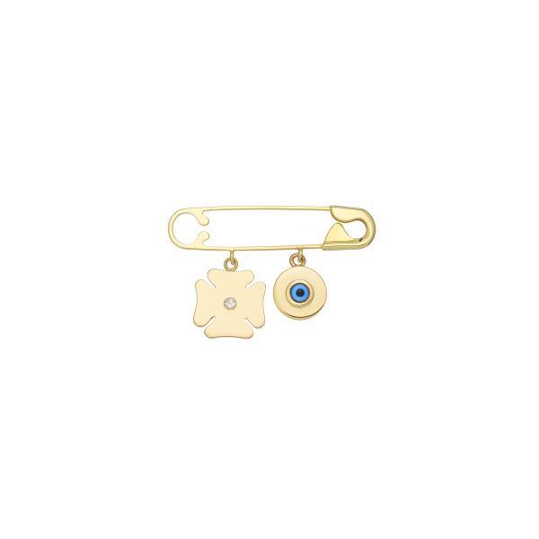 DIAMOND CLOVER SAFETY PIN WITH EVIL EYE K14 YELLOW GOLD