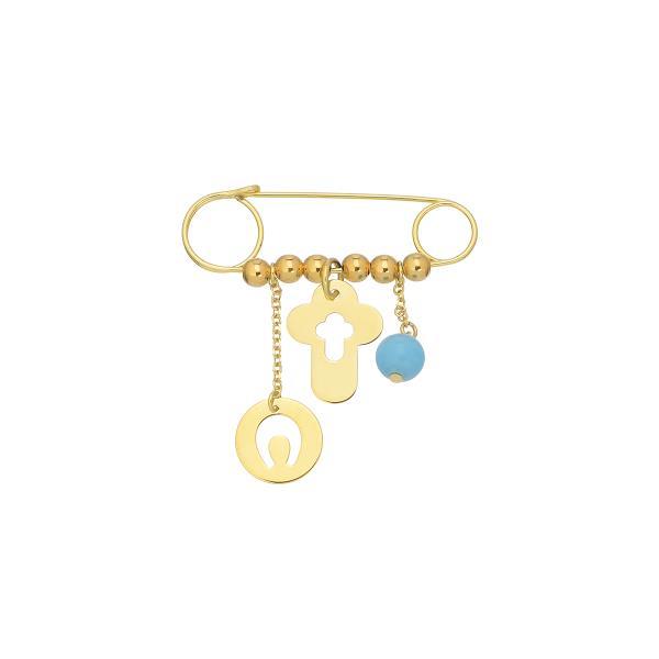 SAFETY PIN WITH CHARMS 14K YELLOW GOLD