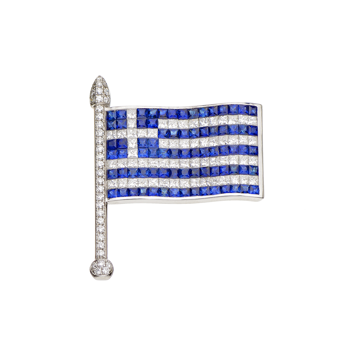 K18 WHITE GOLD PIN GREEK FLAG WITH DIAMONDS AND SAPPHIRES