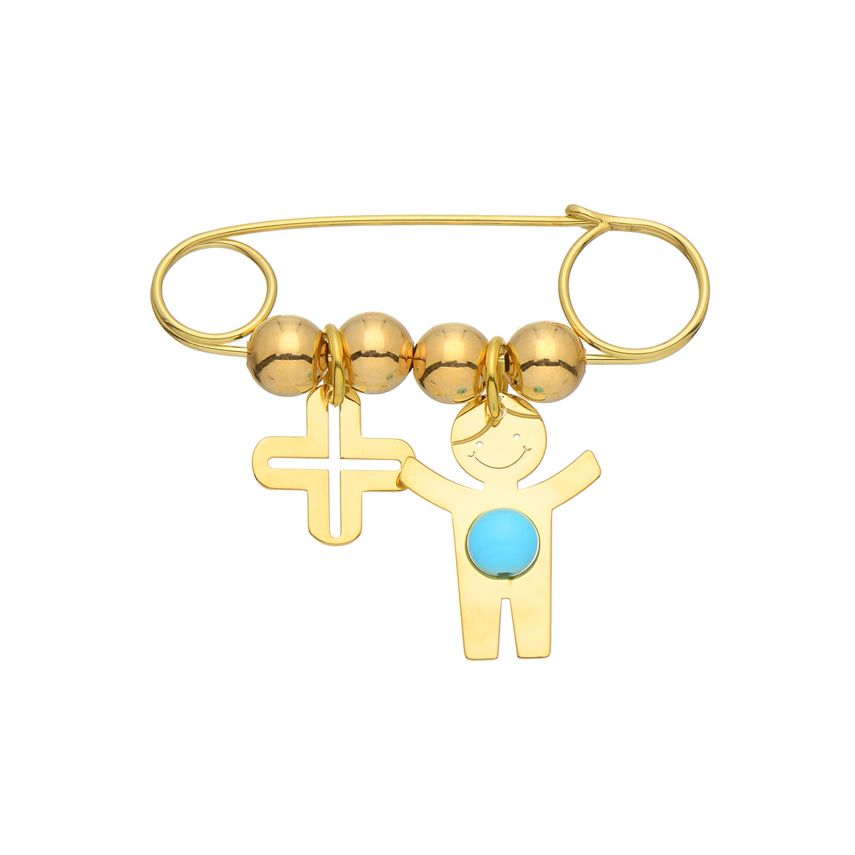 K14 YELLOW GOLD SAFETY PIN WITH CROSS AND BOY WITH TURQUOISE