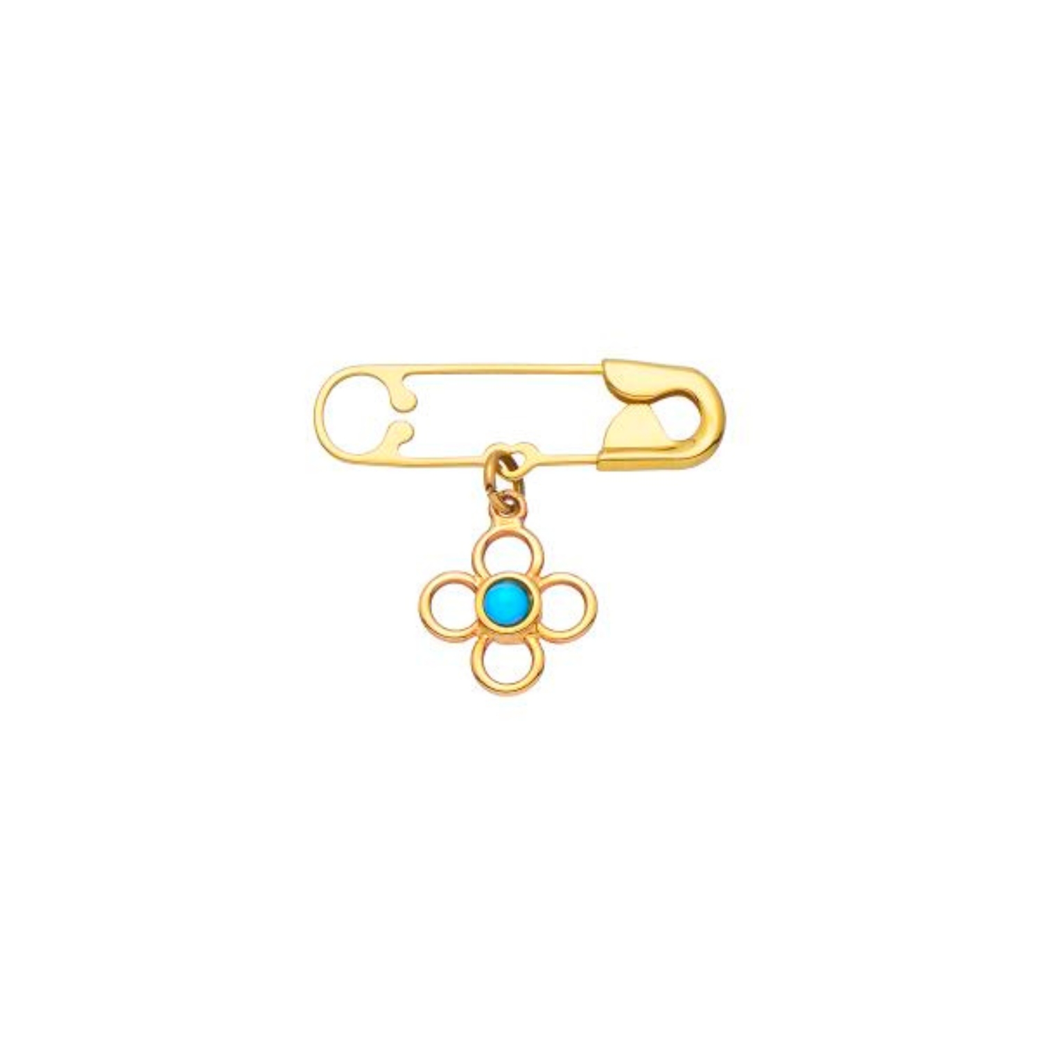 K14 YELLOW GOLD TWO-SIDED SAFETY PIN WITH TURQUOISE AND EVIL EYE