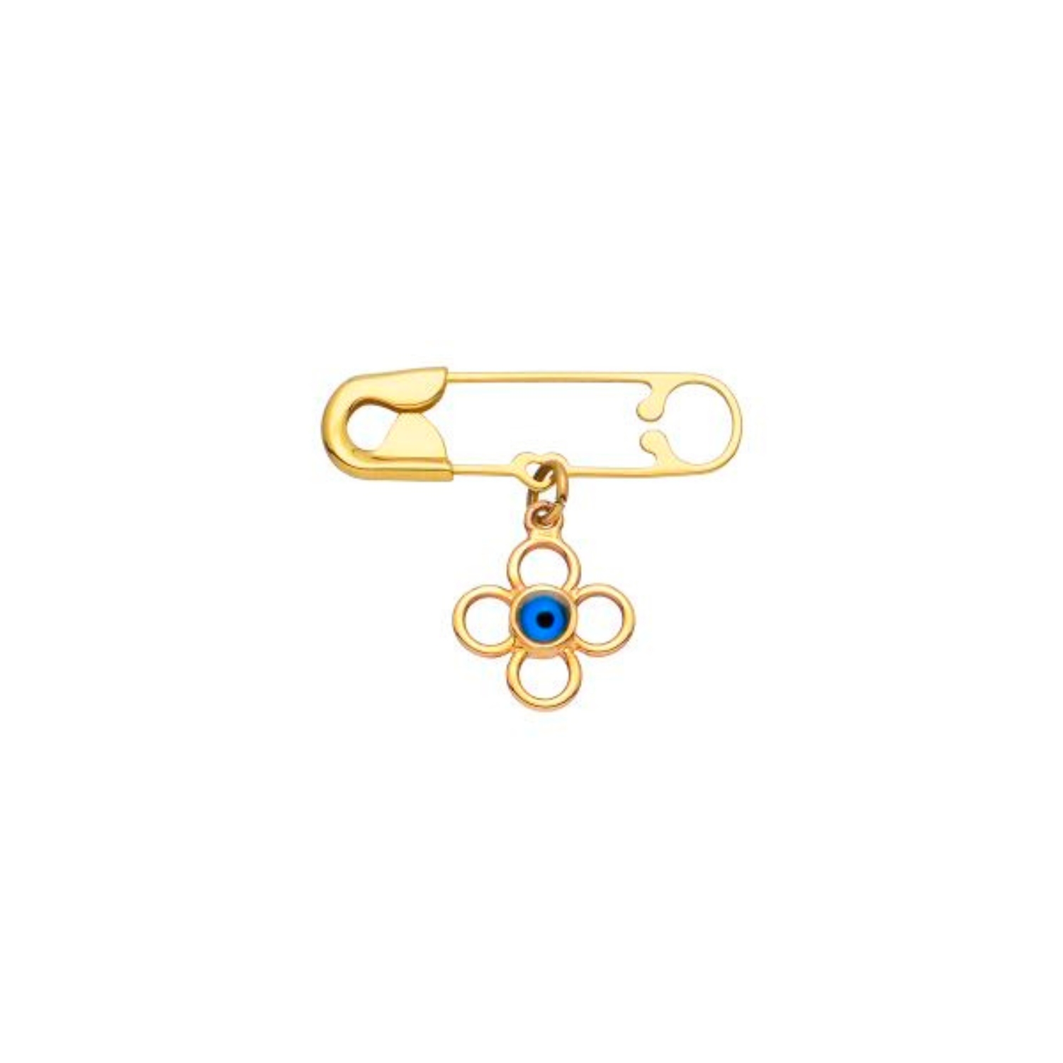 K14 YELLOW GOLD TWO-SIDED SAFETY PIN WITH TURQUOISE AND EVIL EYE